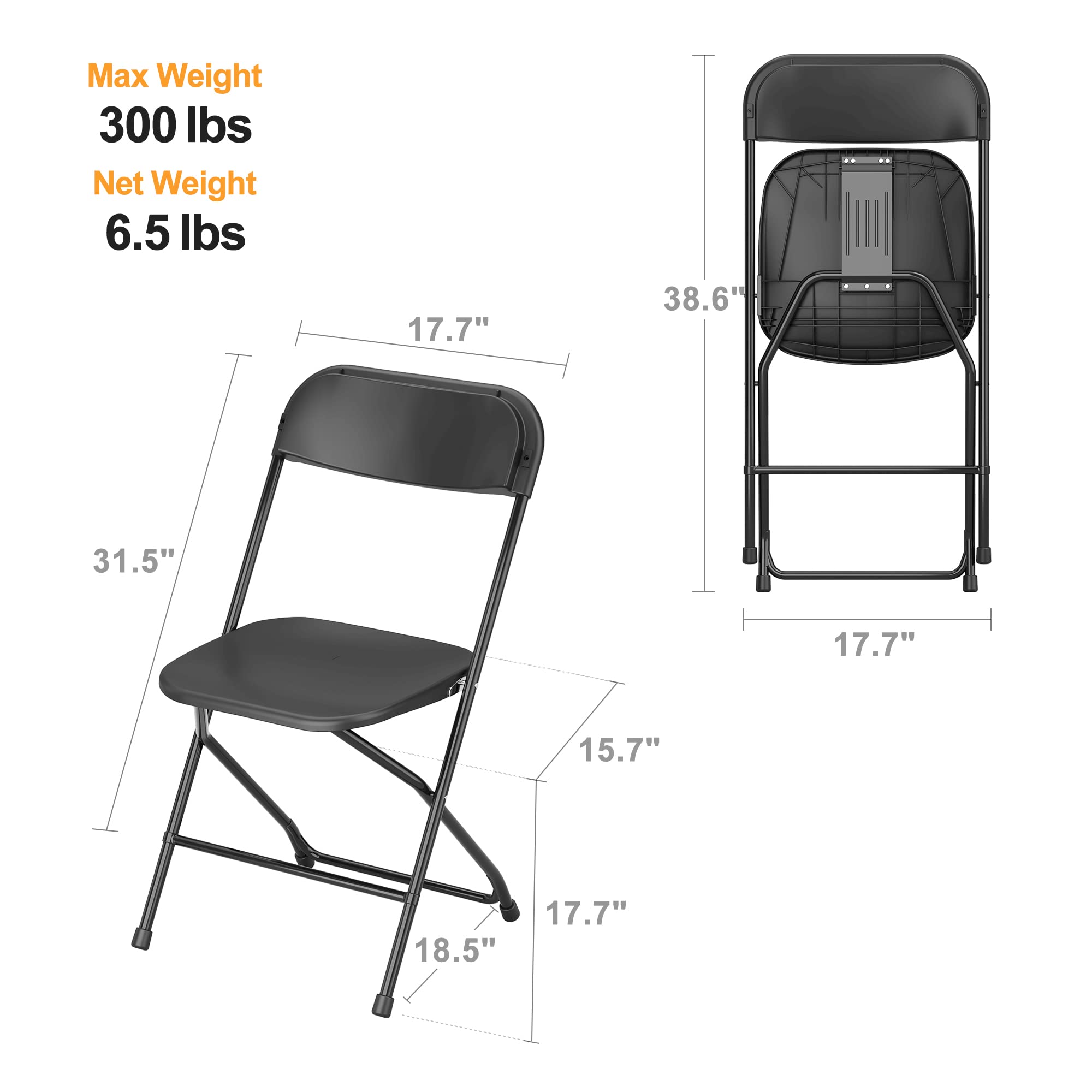 Allpop 5 Pack Black Plastic Folding Chairs - Heavy Duty 300lb Capacity, Steel Frame Stackable Commercial Chairs for Wedding, Party, Office, Indoor & Outdoor Events - Perfect for Banquets, Picnics, Camping and Backyard Gatherings