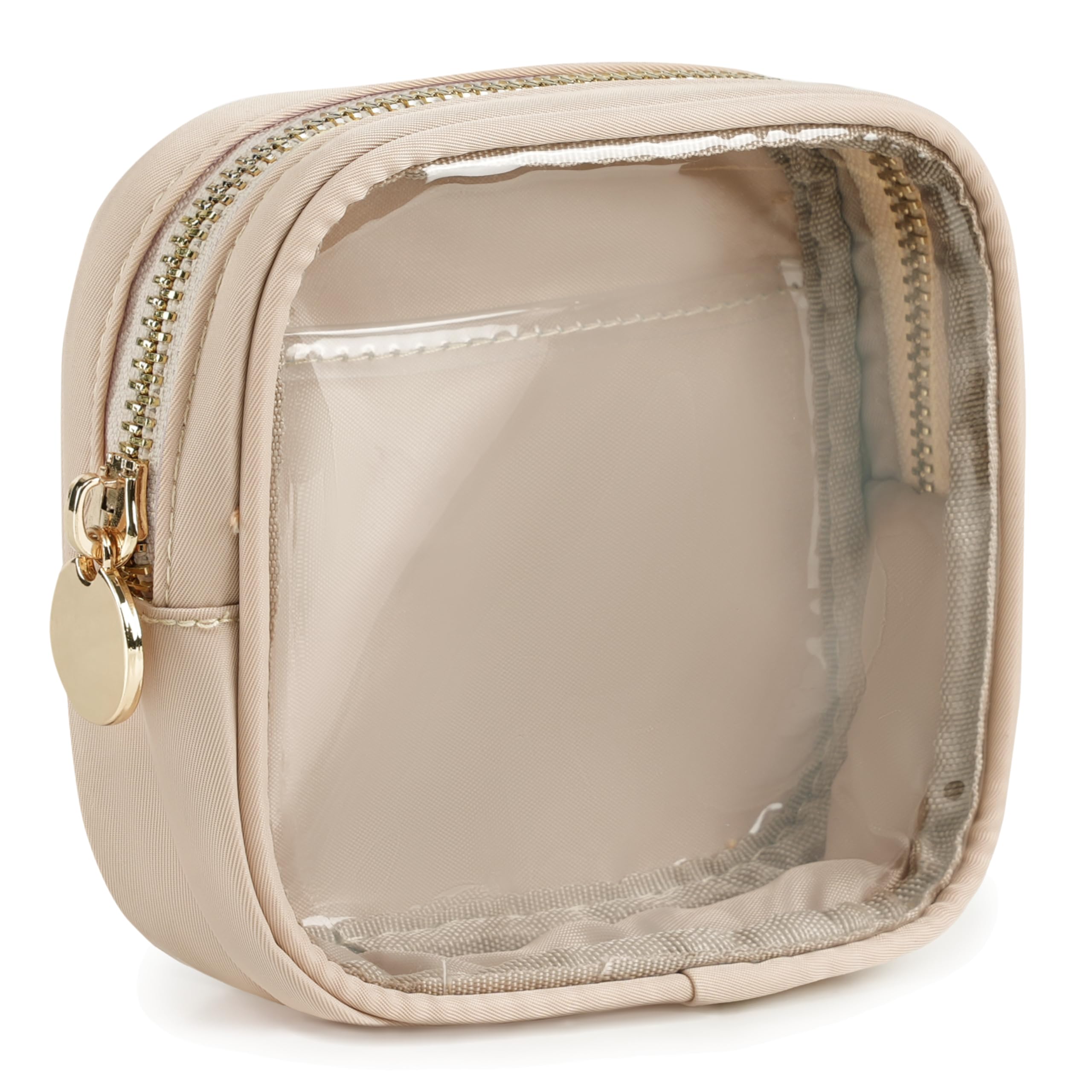Clear Cosmetic Bag Mini Makeup Pouch - Transparent Travel Toiletry Organizer with Interior Pocket & Carabiner Clip - Small Pink Waterproof Makeup Case for Women (Mini, Sand) | Perfect for Air Travel, Gym Essentials & Daily Beauty Storage