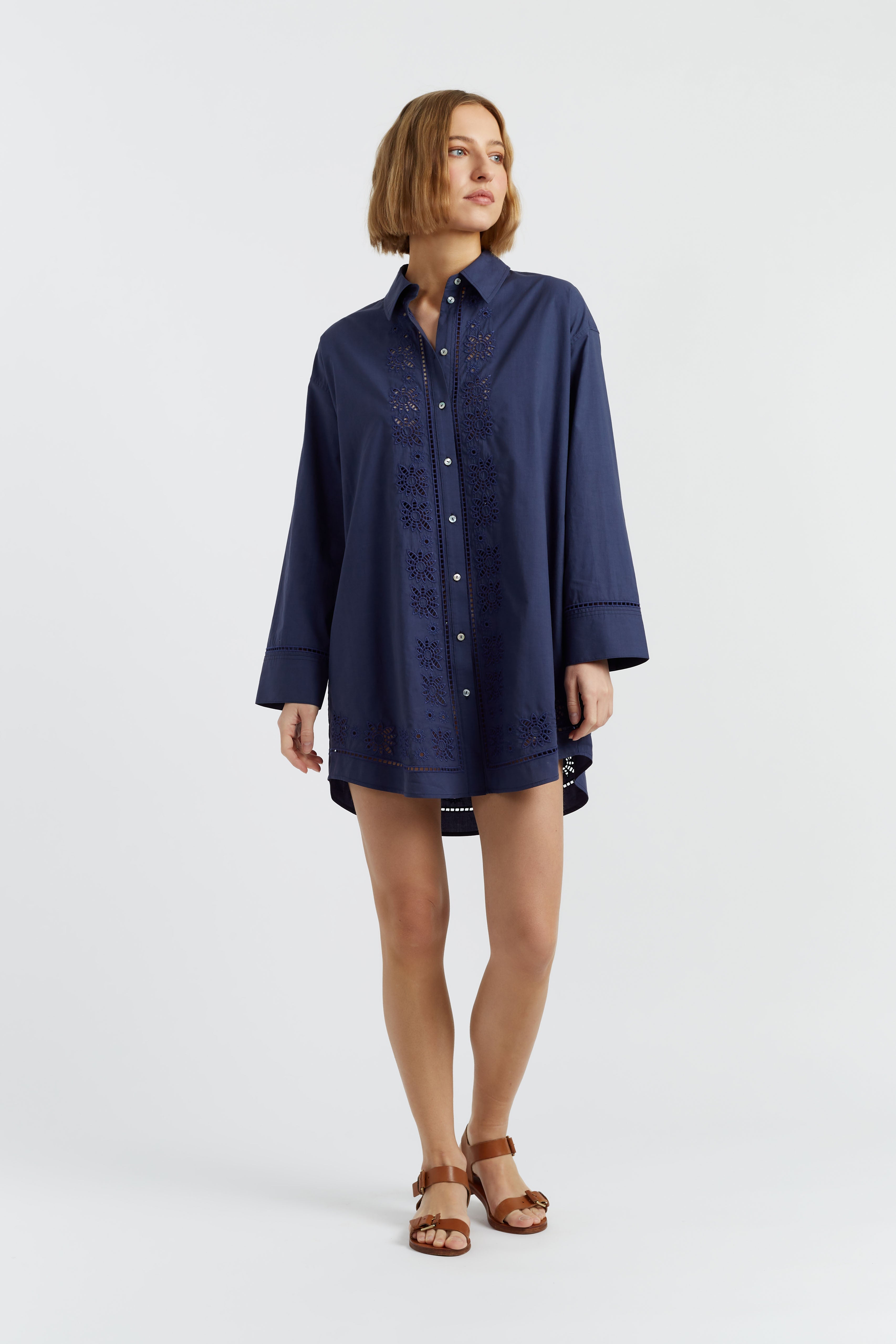 Navy Blue Cotton Lyocell Embroidered Shirt Dress for Women - Casual Summer Boho Style for Beach, Office & Date Night