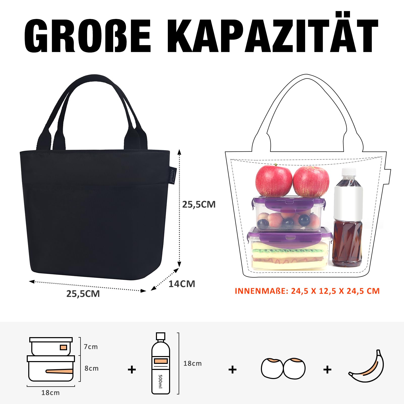 Portable Insulated Lunch Bag for Work & School - Lightweight, Foldable & Waterproof Cooler Tote with Zipper (Black) - Perfect for Picnics, Office Meals & Outdoor Activities