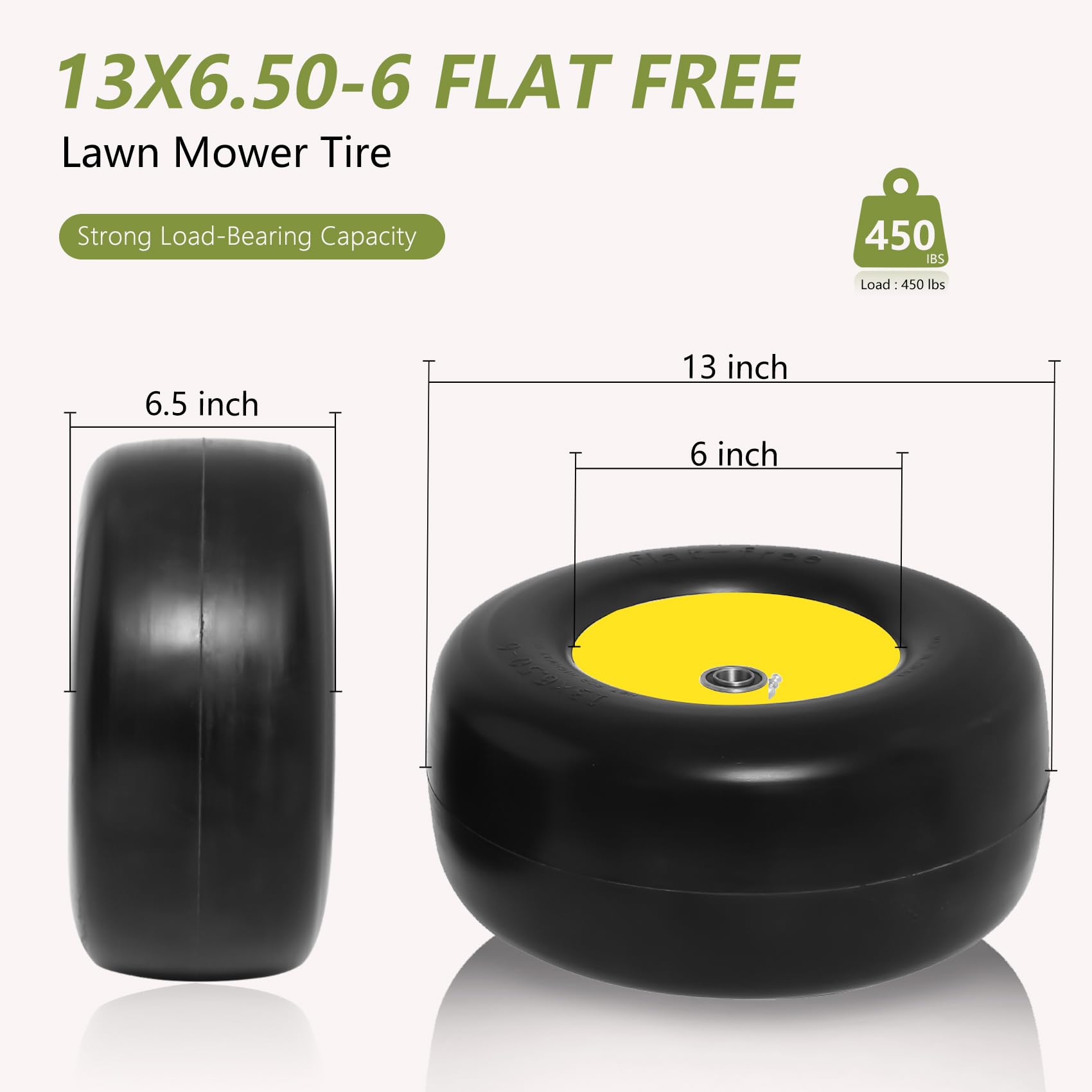 13x6.50-6 Flat Free Lawn Mower Tires - Front Tires for Zero Turn Mowers, Garden Tractors & Riding Mowers | 5.5