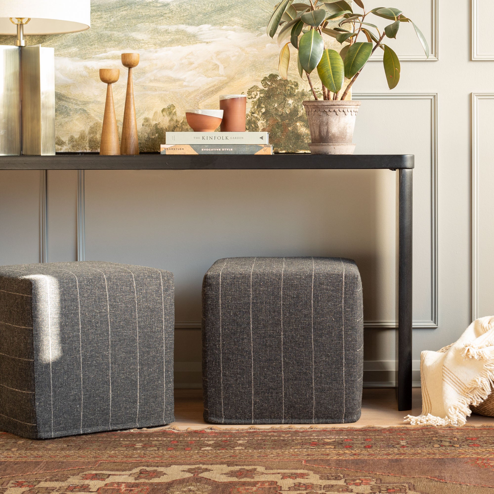 Dunrobin Stripe 16x16 Cube Ottoman in Sable Brown - Modern Storage Footrest for Living Room, Bedroom & Office