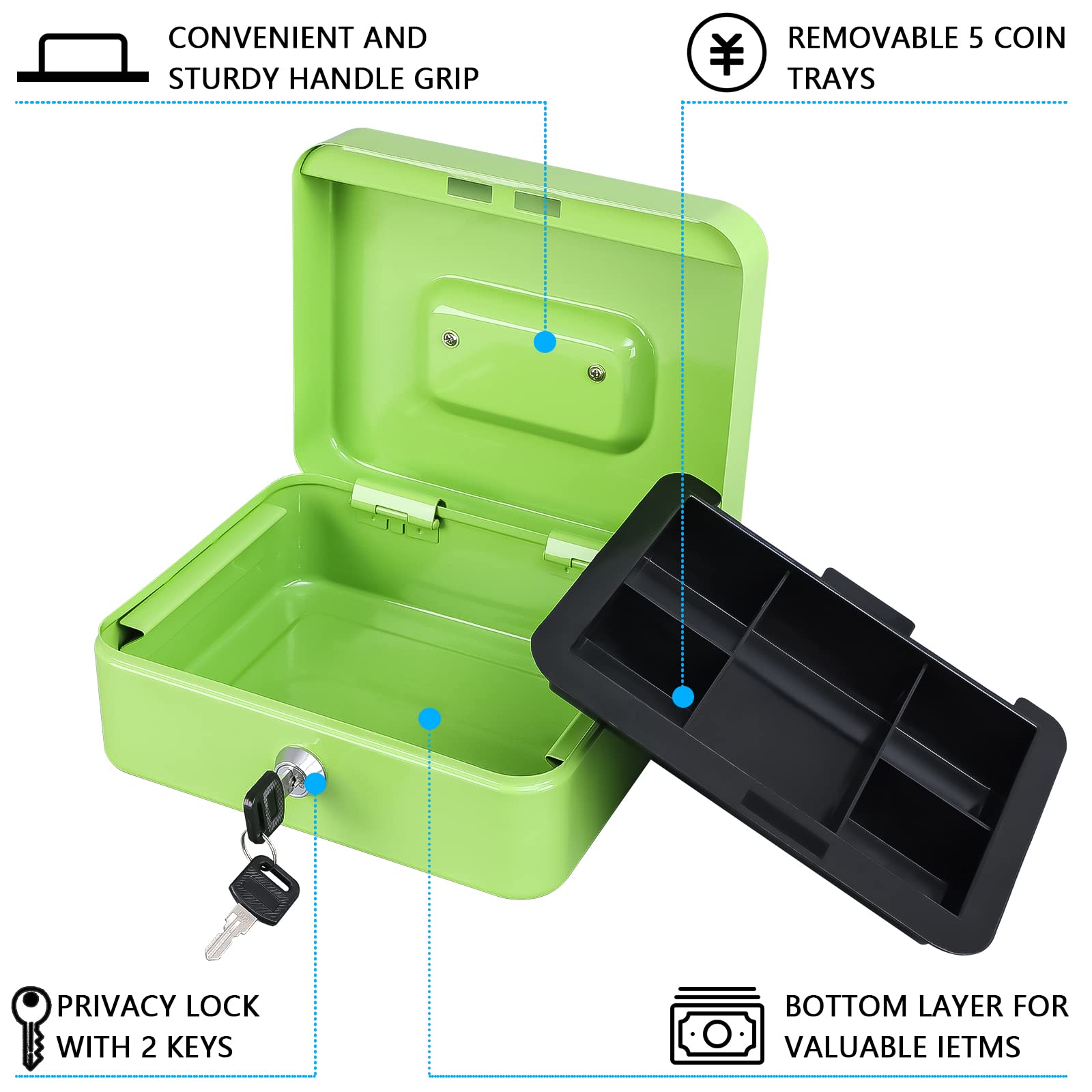 KYODOLED Medium Cash Box with Money Tray - Small Safe Lock Box with Key & Cash Drawer (7.87