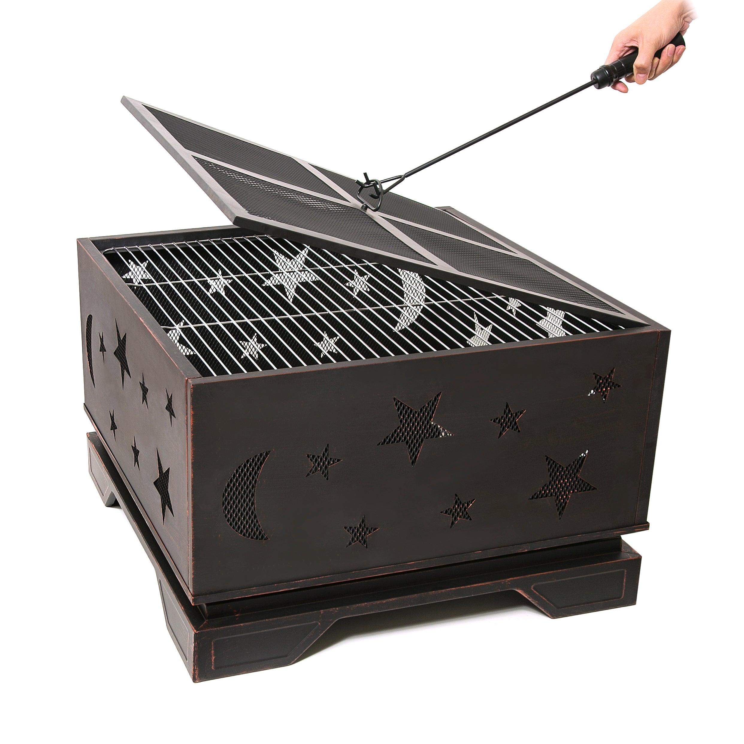26 Inch Square Fire Pit with BBQ Grill - Outdoor Wood Burning Fire Pit with Poker Tool - Large Fireplace for Patio, Garden, Camping, Backyard & Picnic - Perfect for Bonfires, Roasting Marshmallows & Outdoor Gatherings