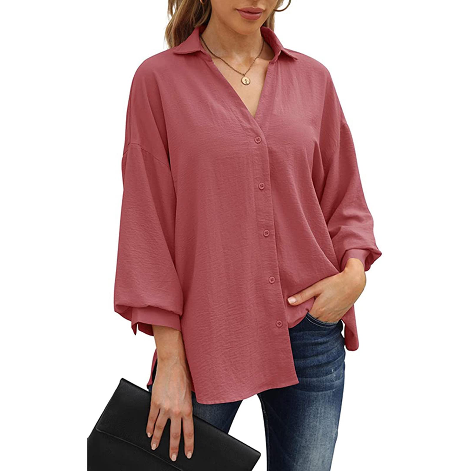 Women's Summer Bat Sleeve Lapel Tee Shirt - Solid Color Casual Blouse & Loose Lounge Top for Women | Perfect for Beach, Vacation & Everyday Wear