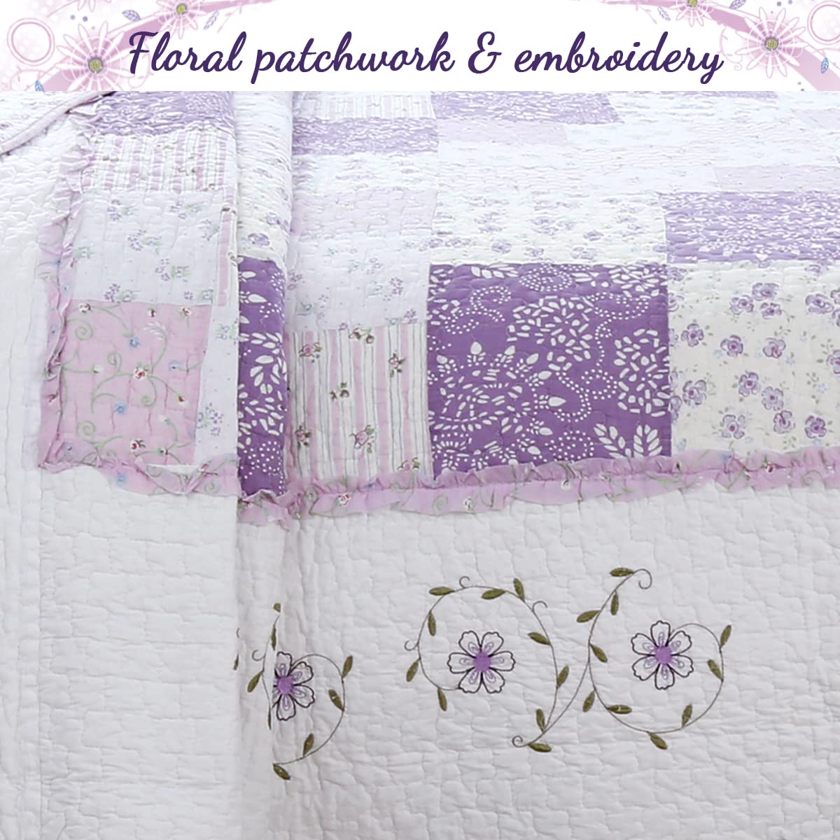 Light Purple Floral 100% Cotton Reversible Patchwork Quilt Set - Queen Size 3-Piece Bedding | Cozy Line Home Fashions | Perfect for Master Bedrooms, Guest Rooms & Cozy Farmhouse Decor
