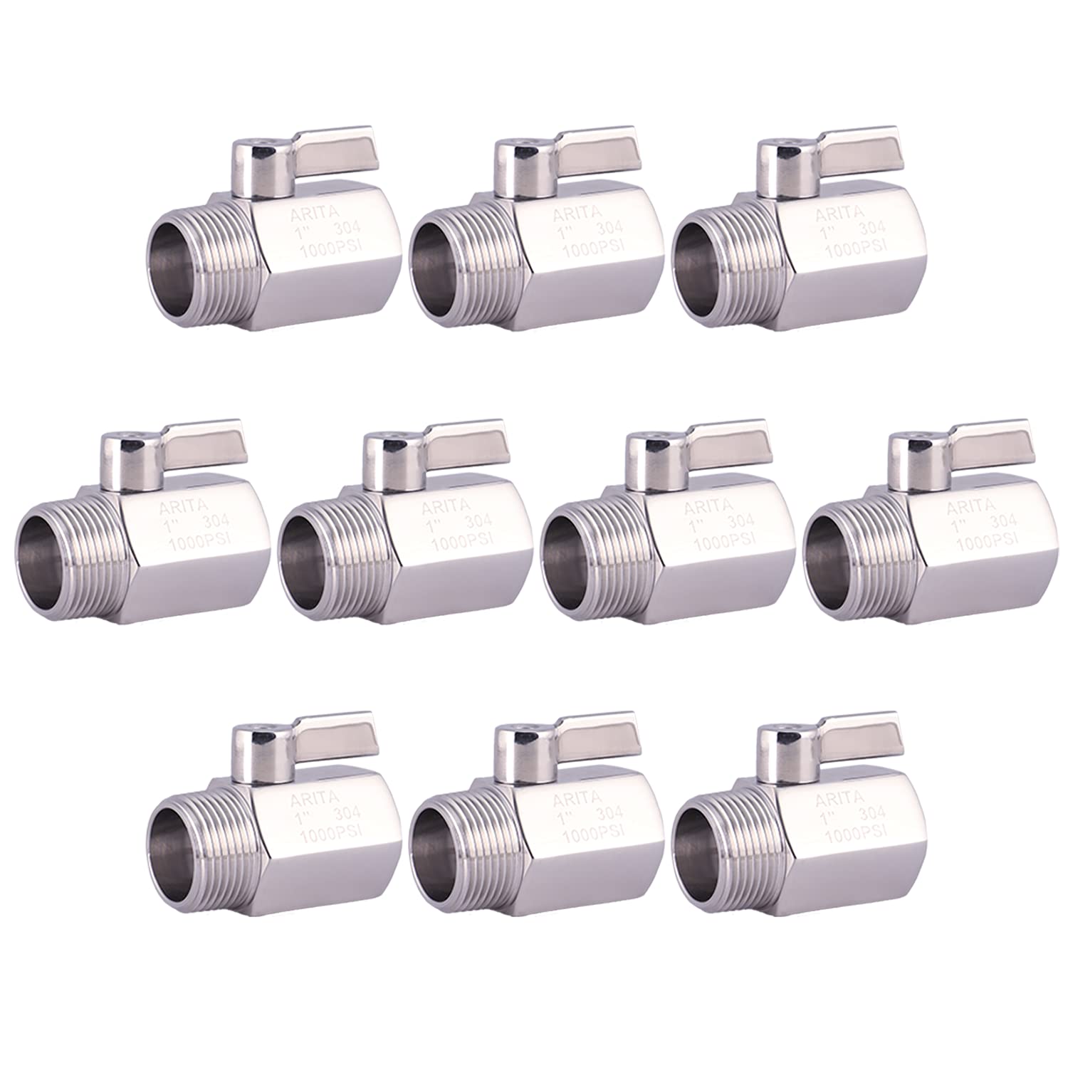 ARITA Mini Ball Valve 1 Inch, Stainless Steel 304 Reduced Port 1000PSI - Water, Oil & Gas Compatible, Male/Female NPT Threads with Stainless Steel Handle (10 Pack) - Ideal for Plumbing, Industrial Piping & Hydraulic Systems