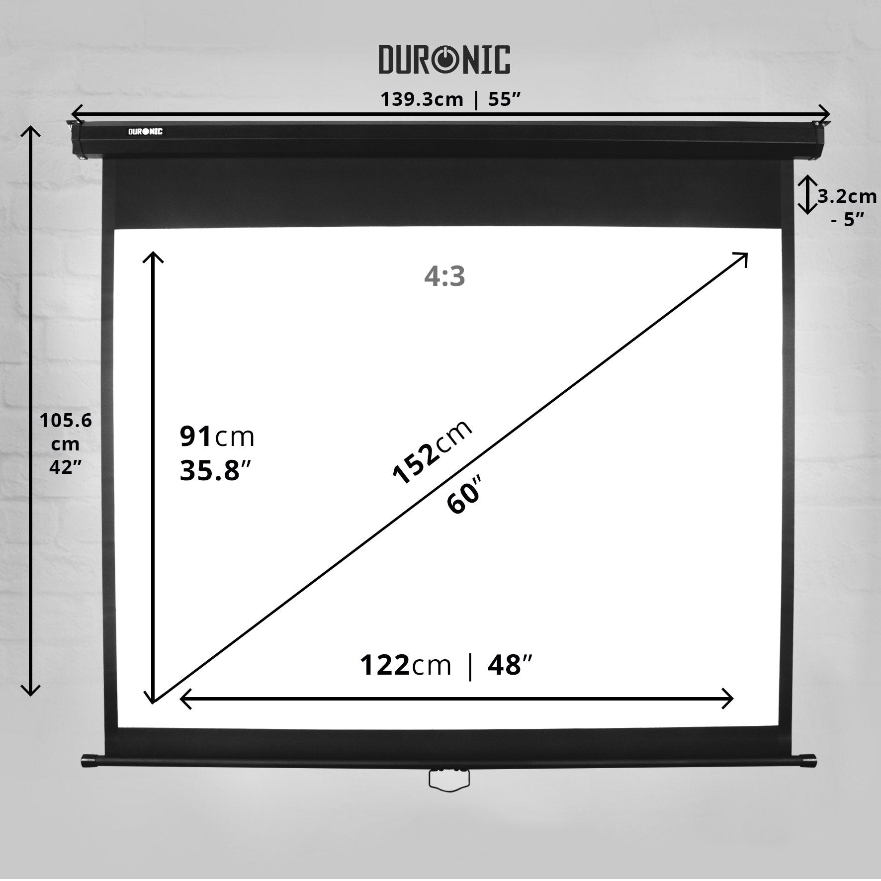 Duronic MPS60/43BK 60-Inch Manual Pull Down Projector Screen - 4:3 Aspect Ratio Home Theater & Office Presentation Screen - Perfect for Movies, Classroom Teaching, Business Meetings (Black)