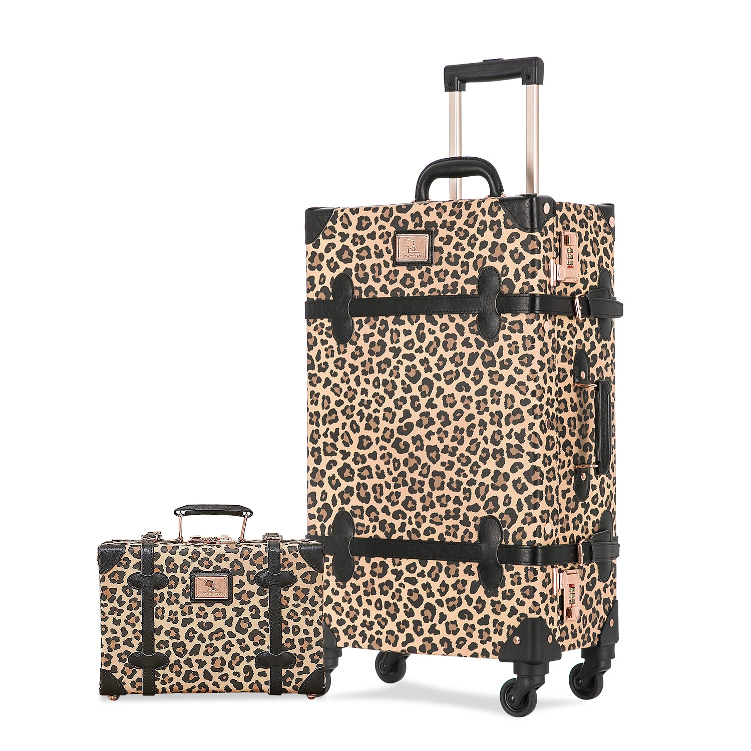 Unitravel 2-Piece Vintage Suitcase Set - 26 Inch Faux Leather Women's Spinner Luggage with Cosmetic Train Case Handbag (Leopard Print) - Perfect for Travel, Vacation & Business Trips