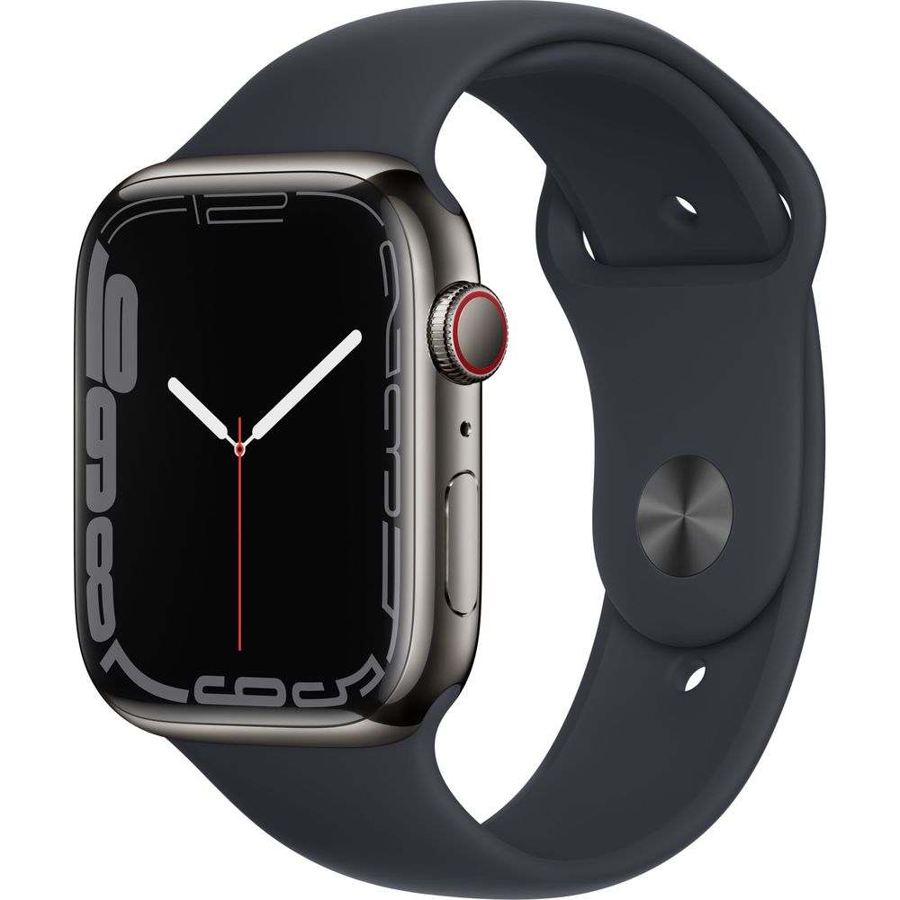Apple Watch Series 7 GPS + Cellular 45mm Graphite Stainless Steel Case with Midnight Sport Band - MNAV3LL/A | Smartwatch for Fitness Tracking, Heart Rate Monitoring & iPhone Connectivity | Perfect for Workouts, Running & Daily Wear