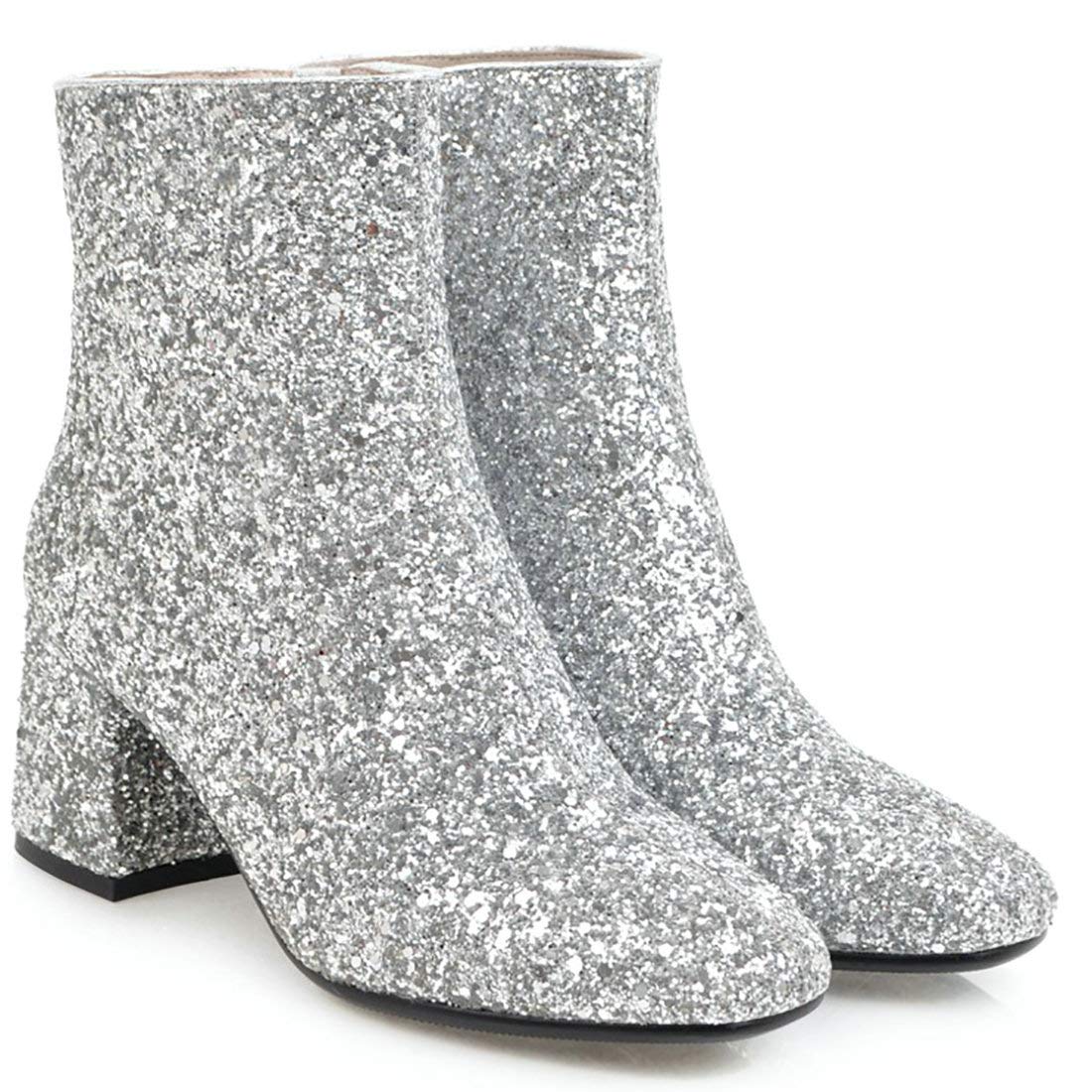 MAVMAX Women's Sequin Glitter Ankle Boots - Chunky Heel Sparkly Booties for Party, Night Out & Holiday | Comfortable Dress Shoes for Women