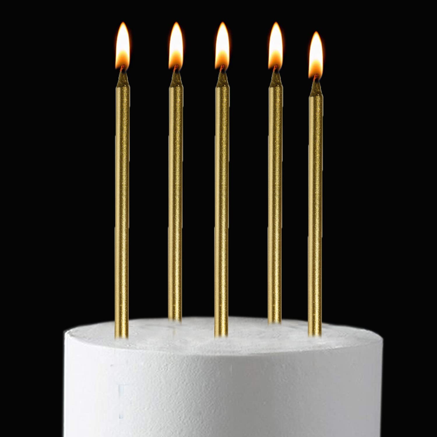 24-Pack Gold Glitter Birthday Candles - Tall Thin Sparkler Cupcake Candles with Holders for Wedding, Party, Anniversary Cake Decorations - Perfect for Birthday Cakes, Cupcakes, and Special Event Desserts