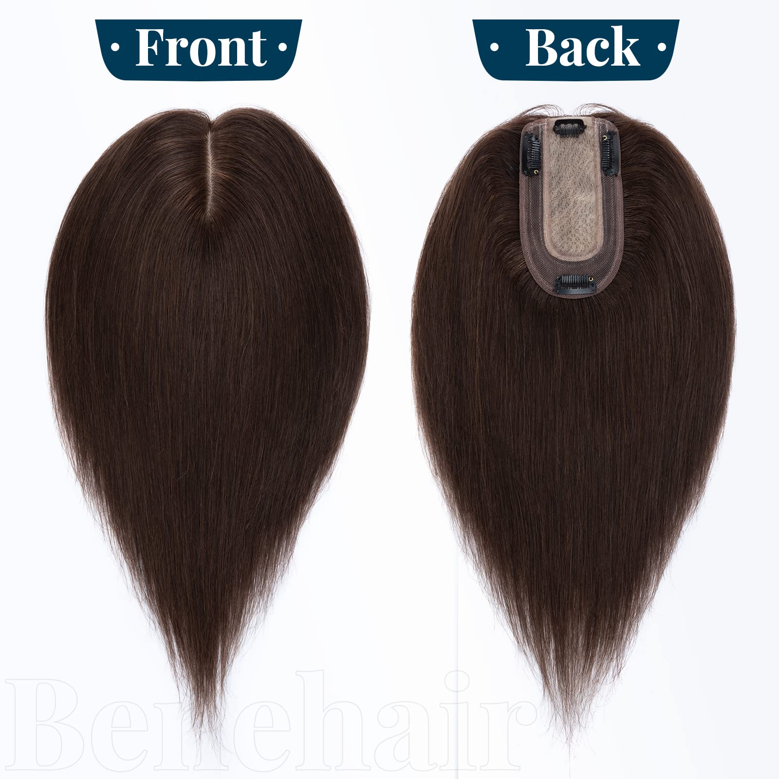 Benehair Clip-in Human Hair Toppers for Women with Silk Base - 1 Piece Remy Human Hair Topper for Thinning Hair - Realistic Hair Extensions Replacement #02 Dark Brown 6 Inch 27g - Perfect for Daily Wear, Special Occasions & Hair Volume Enhancement