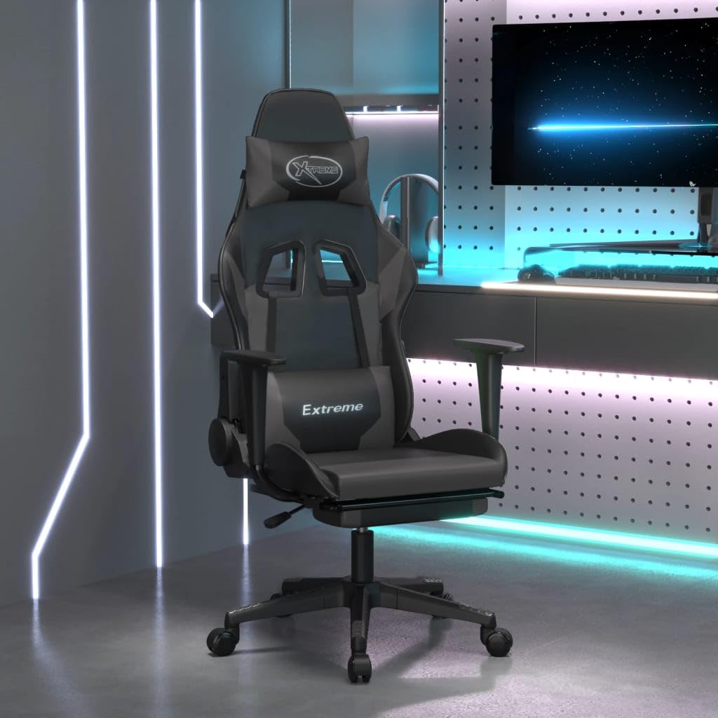 Premium Gaming Chair with Adjustable Footrest - Ergonomic Computer & Office Racing Chair - Modern Black & Gray Faux Leather for Home, Lab & Internet Cafe - Perfect for Esports, Work & Relaxation