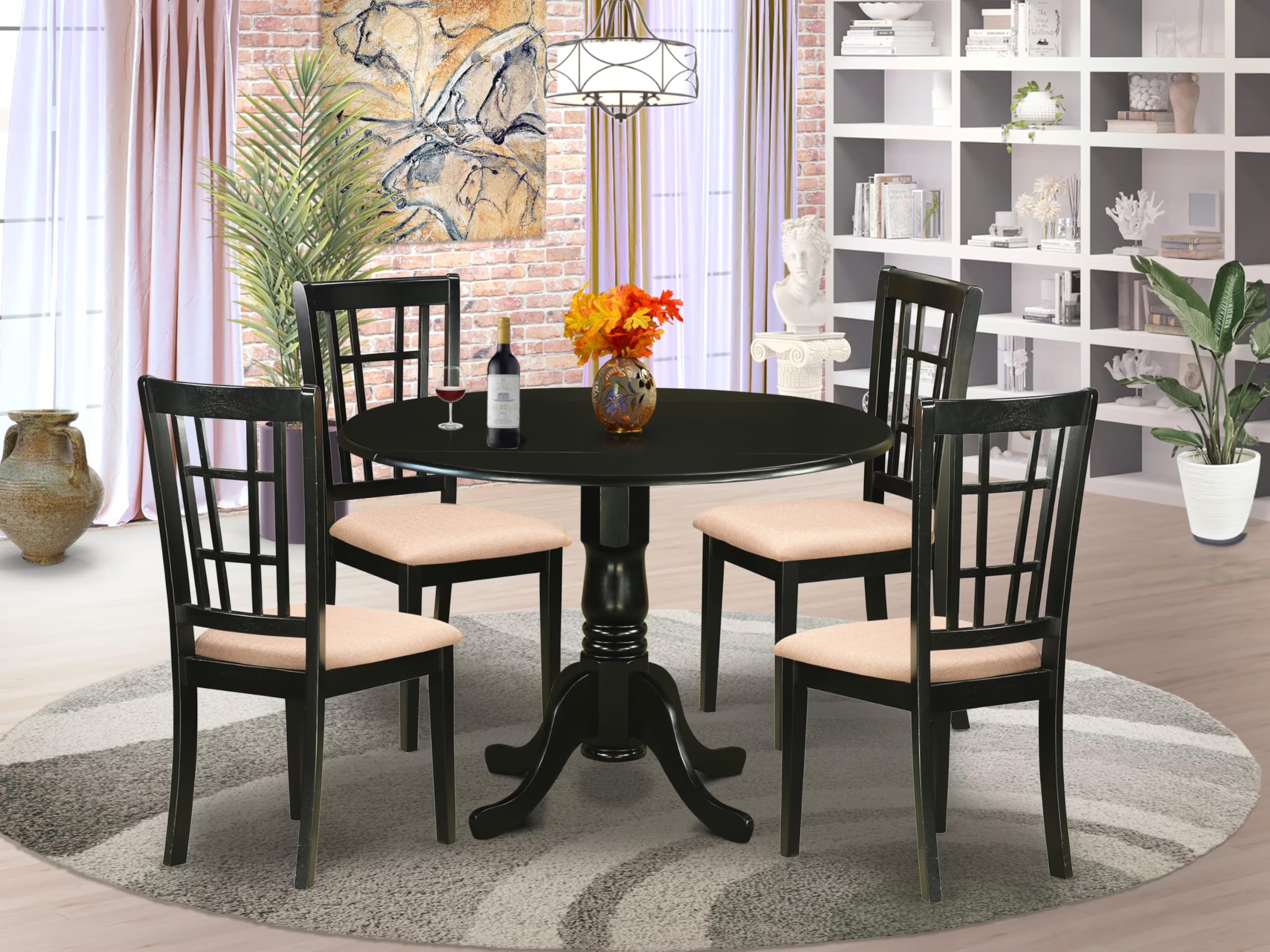 Modern 5-Piece Dining Table Set with Round Wooden Drop-Leaf Table & 4 Linen Fabric Chairs - 42x42 Inch, Black (DLNI5-BLK-C) | Perfect for Small Spaces, Kitchen Nooks & Cozy Apartment Dining | East West Furniture