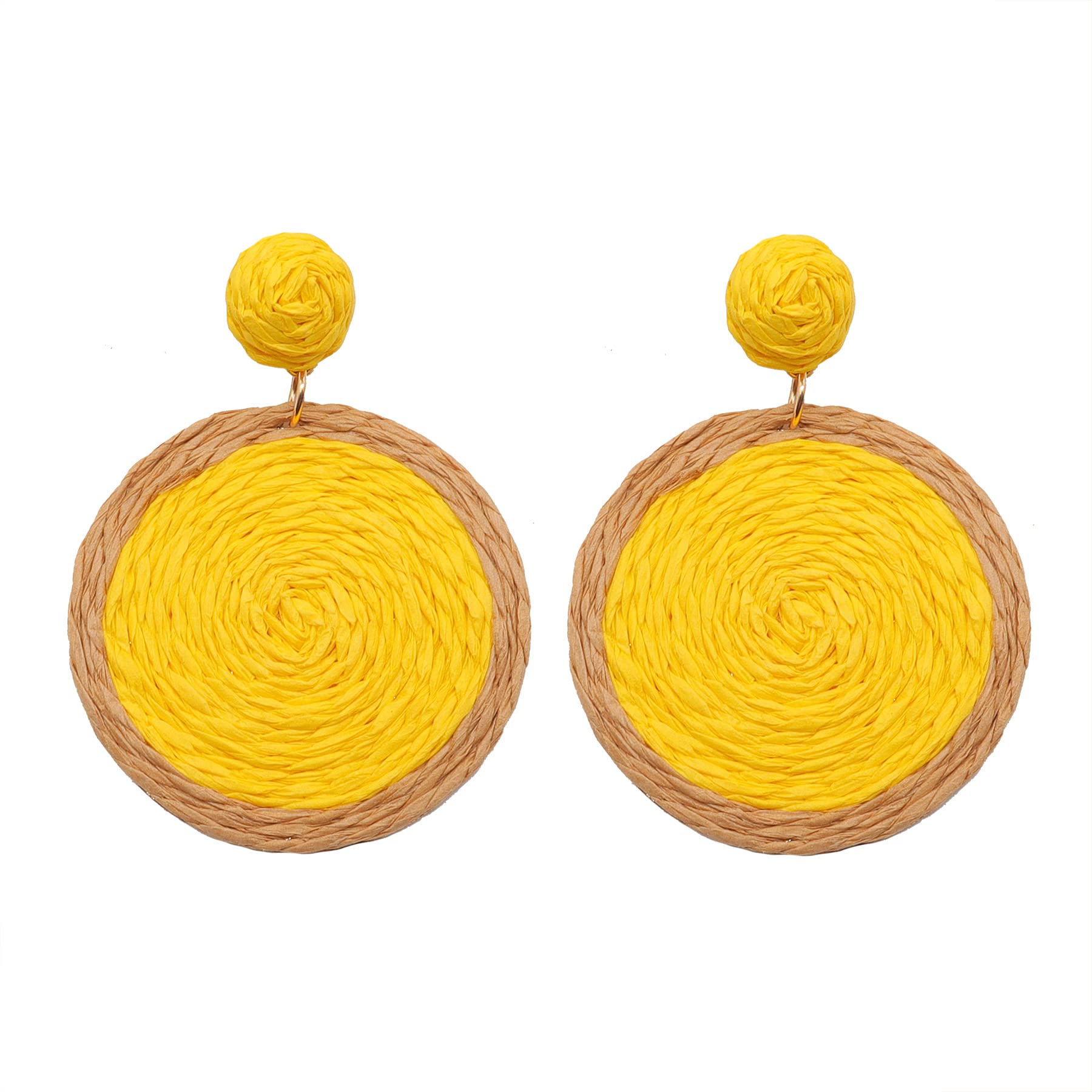 Boho Handmade Straw Drop Earrings - Statement Round Raffia Earrings for Women, Big Disc Rattan Braided Wicker Dangle Earrings | Vintage Beach Jewelry for Summer, Vacation & Festival Outfits