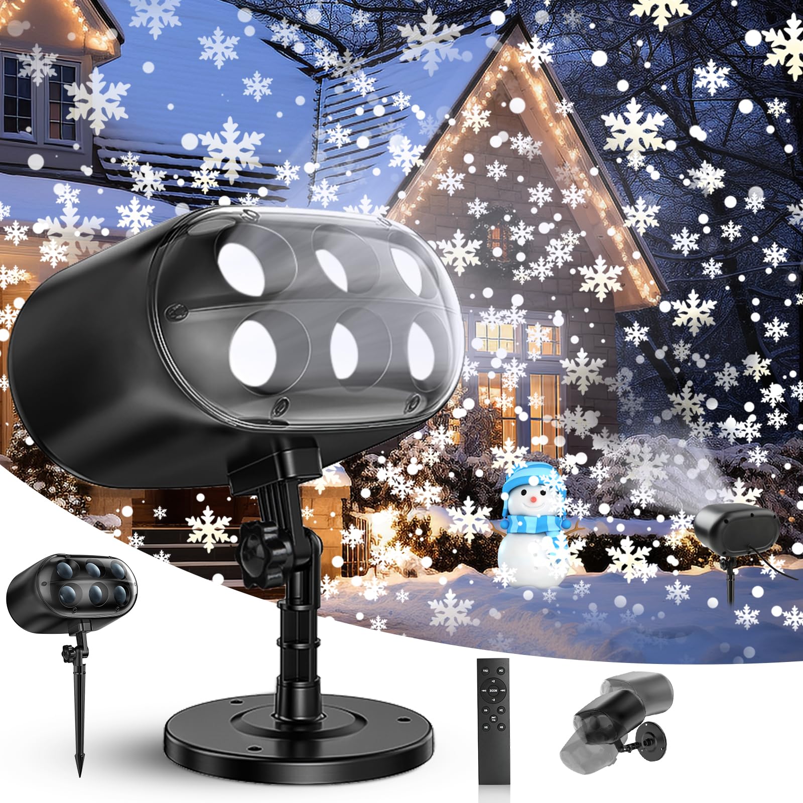 Christmas Snowflake Projector Lights Outdoor - Adjustable Dynamic Snow Light Show with Remote Control, 270° Rotating Outdoor Snow Falling Projector Lamp for Holiday Decorations, Yard, Garden, and Party Events