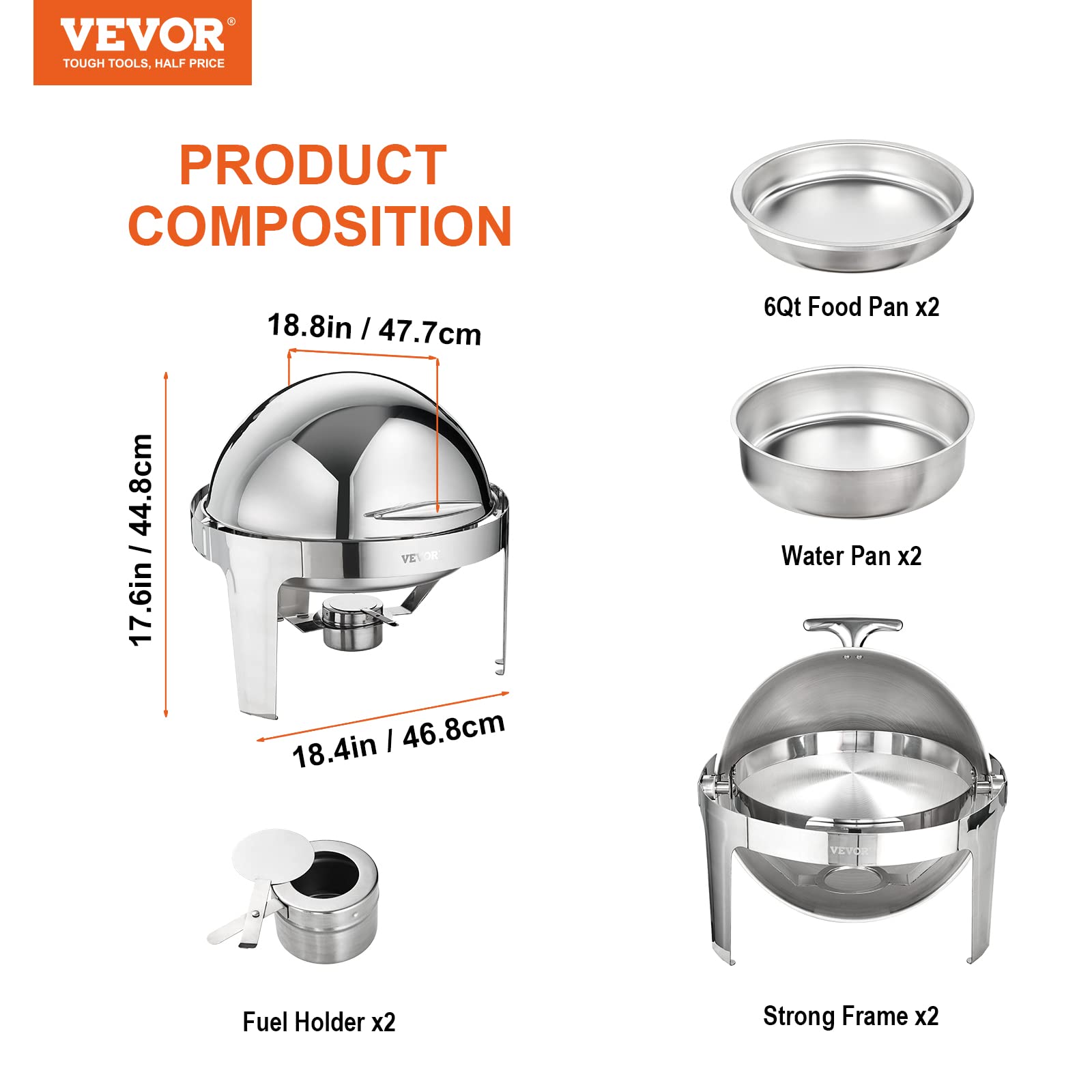 VEVOR 6 Qt Stainless Steel Roll Top Chafing Dish Buffet Set (2 Pack) - Includes 2 Full Size Pans, Lids, Water Pan Stand & Fuel Holder - Perfect for Catering, Buffets, Parties & Serving 5+ People