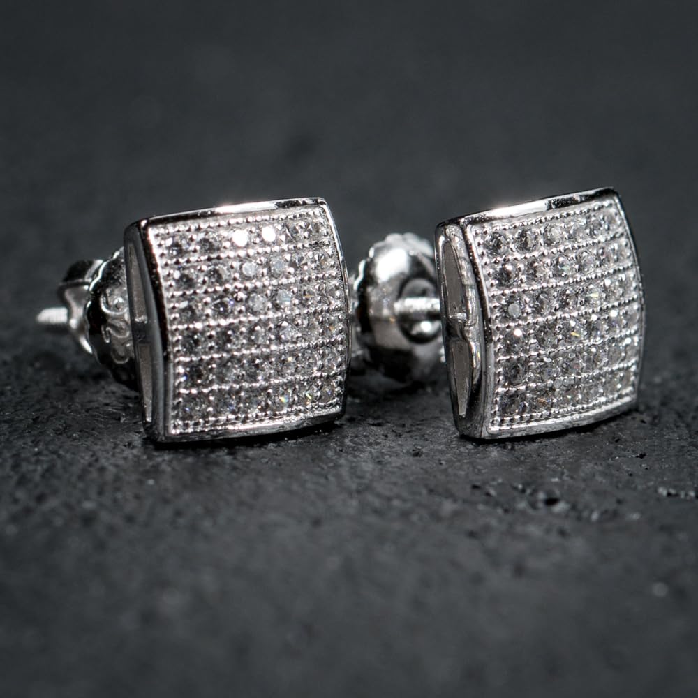 3D Square Iced 5A CZ Stone Micro Pave White Gold Plated 925 Sterling Silver Hypoallergenic Men's Cubic Zirconia Earrings - Screw Back Post Cube Design for Hip Hop Style | Perfect Gift for Husband & Boyfriend | Ideal for Parties, Weddings & Casual Wear