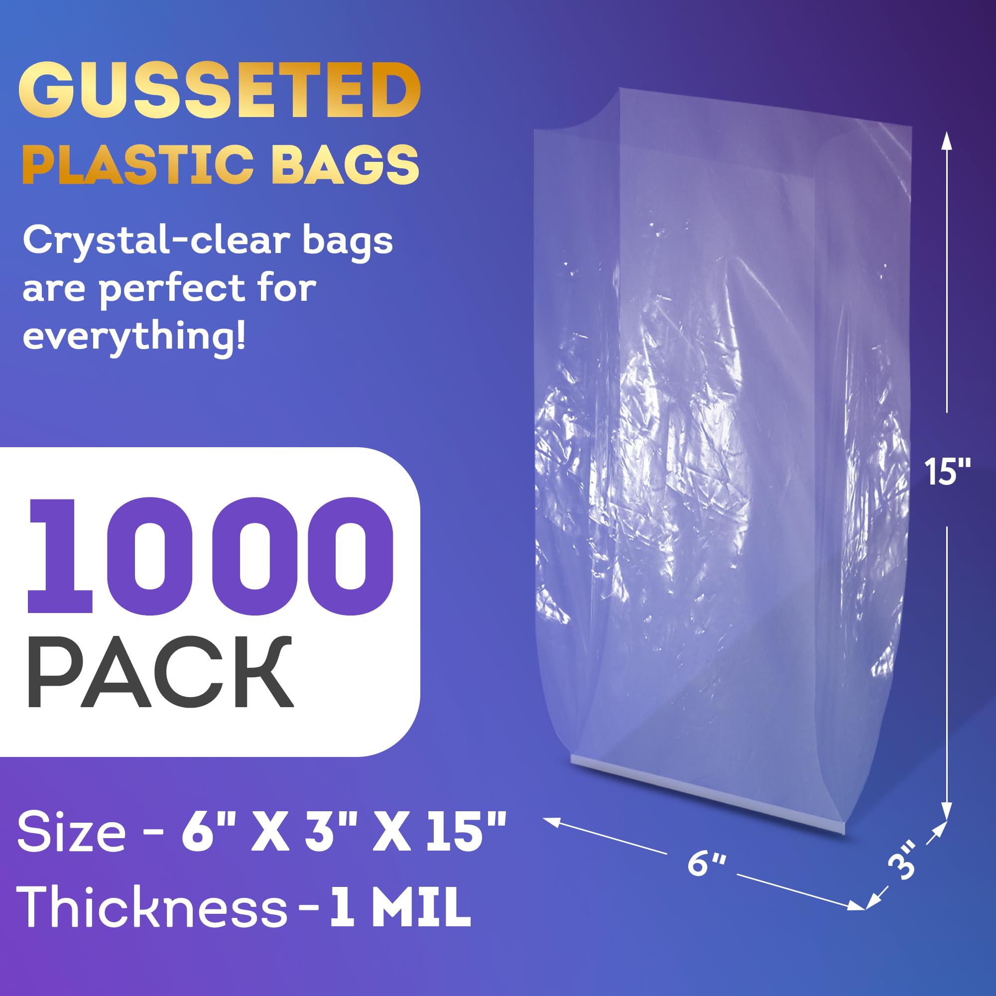 APQ Clear Gusseted Poly Bags 6x3x15 Inches - 1000 Pack of 1 Mil Thick Open Top Plastic Bags for Packaging Cookies, Popcorn, Candies & Homemade Bread | Perfect for Bakery, Party Favors & Retail Packaging