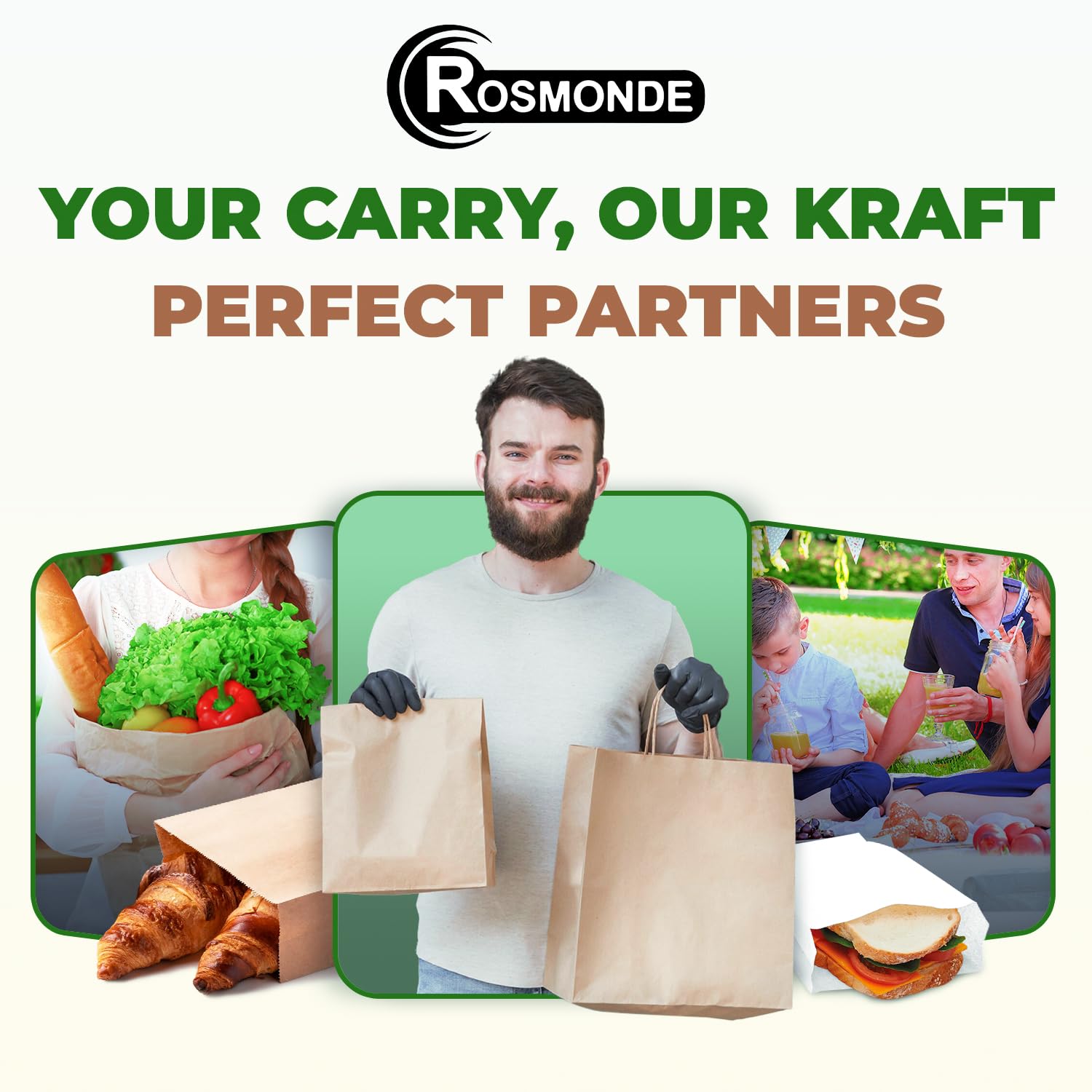 Rosmonde 400 Pack Brown Kraft Bags with Handles - Biodegradable & Heavy Duty for Retail & Gifts