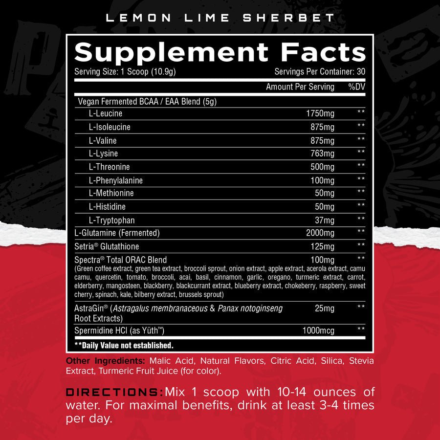 Longevity EAA Lemon Lime Sherbet Powder - Essential Amino Acid Supplement for Muscle Recovery & Performance - Pre/Post Workout, Fitness & Bodybuilding