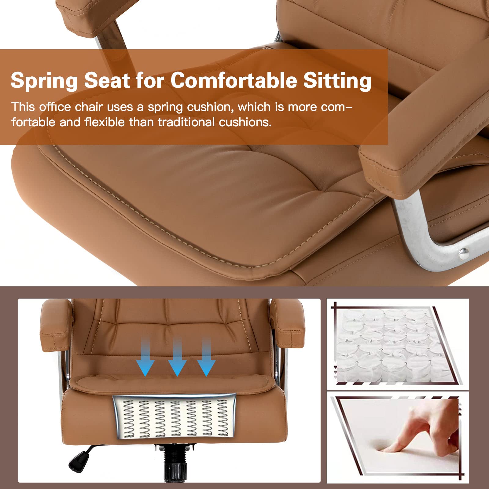 Premium Ergonomic Executive Office Chair - Adjustable High Back Leather Swivel Desk Chair with Padded Armrests, 350lbs Weight Capacity & Spring Seat - Ideal for Home Office, Gaming & Computer Workstations (Khaki)
