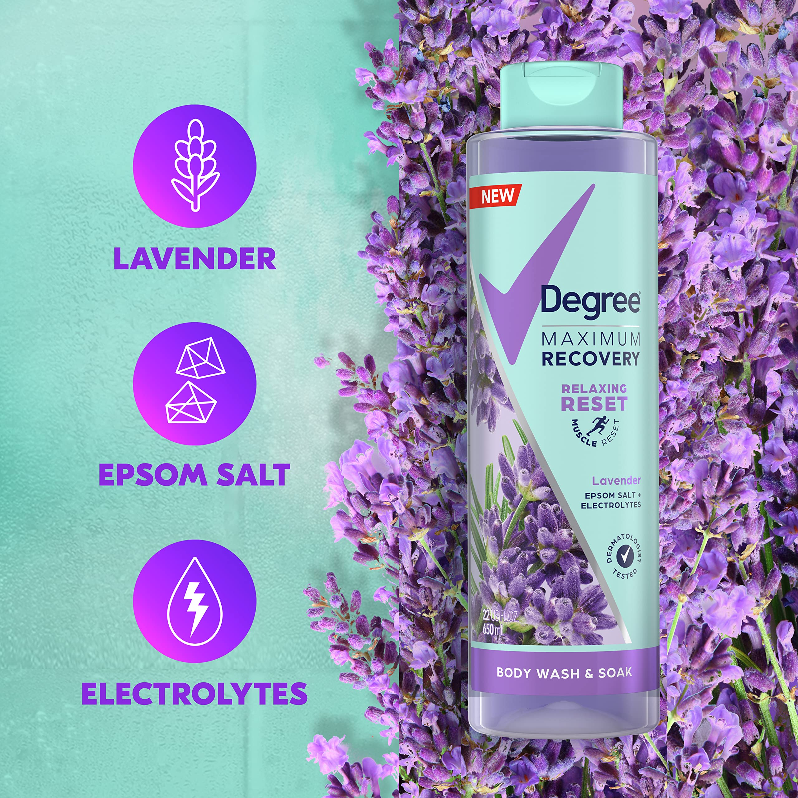 Degree Maximum Recovery Body Wash & Soak - Post-Workout Skincare with Lavender Extract, Epsom Salt & Electrolytes - 22 Fl Oz (Pack of 4) - Ideal for Muscle Recovery, Relaxation & Detox After Gym, Yoga or Sports
