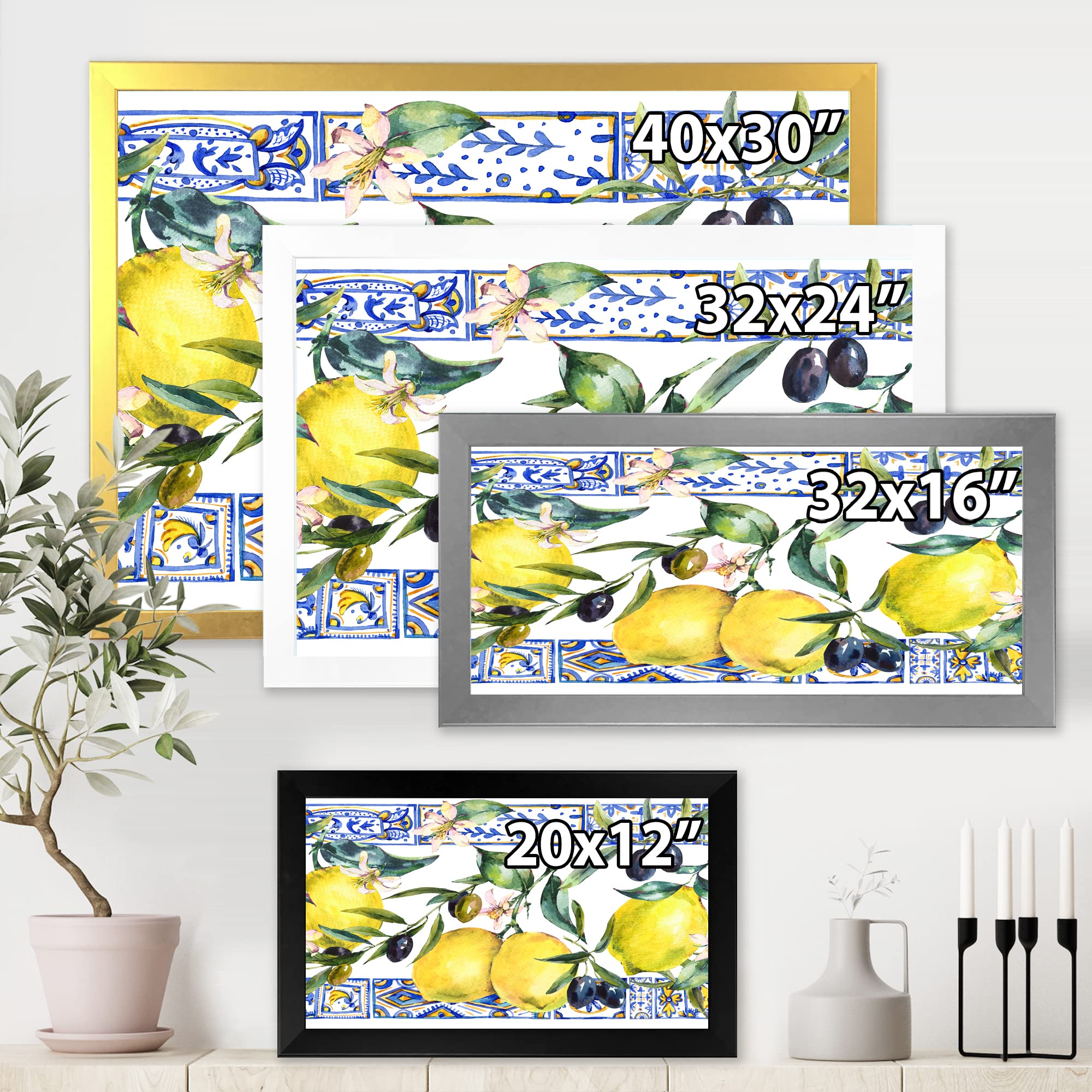 DesignQ Lemon Ornament on Blue Geometric Pattern II Tropical Framed Wall Art - Perfect for Kitchen, Dining Room & Beach House Decor