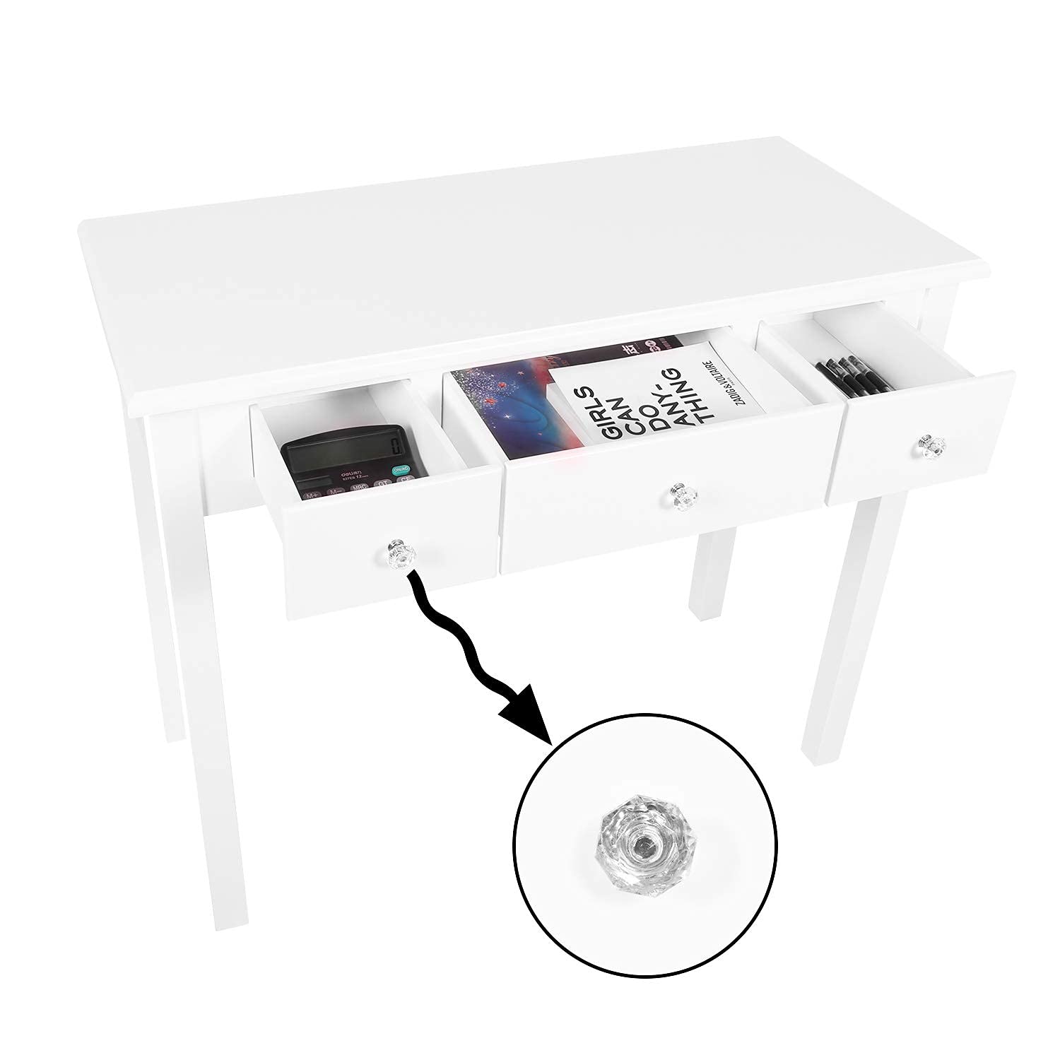 STHOUYN Compact White Writing Desk with Drawers - Space-Saving Home Office Desk, Study Table for Adults & Students, Vanity Makeup Dressing Table - Perfect for Small Bedrooms, Apartments & Dorm Rooms (White)
