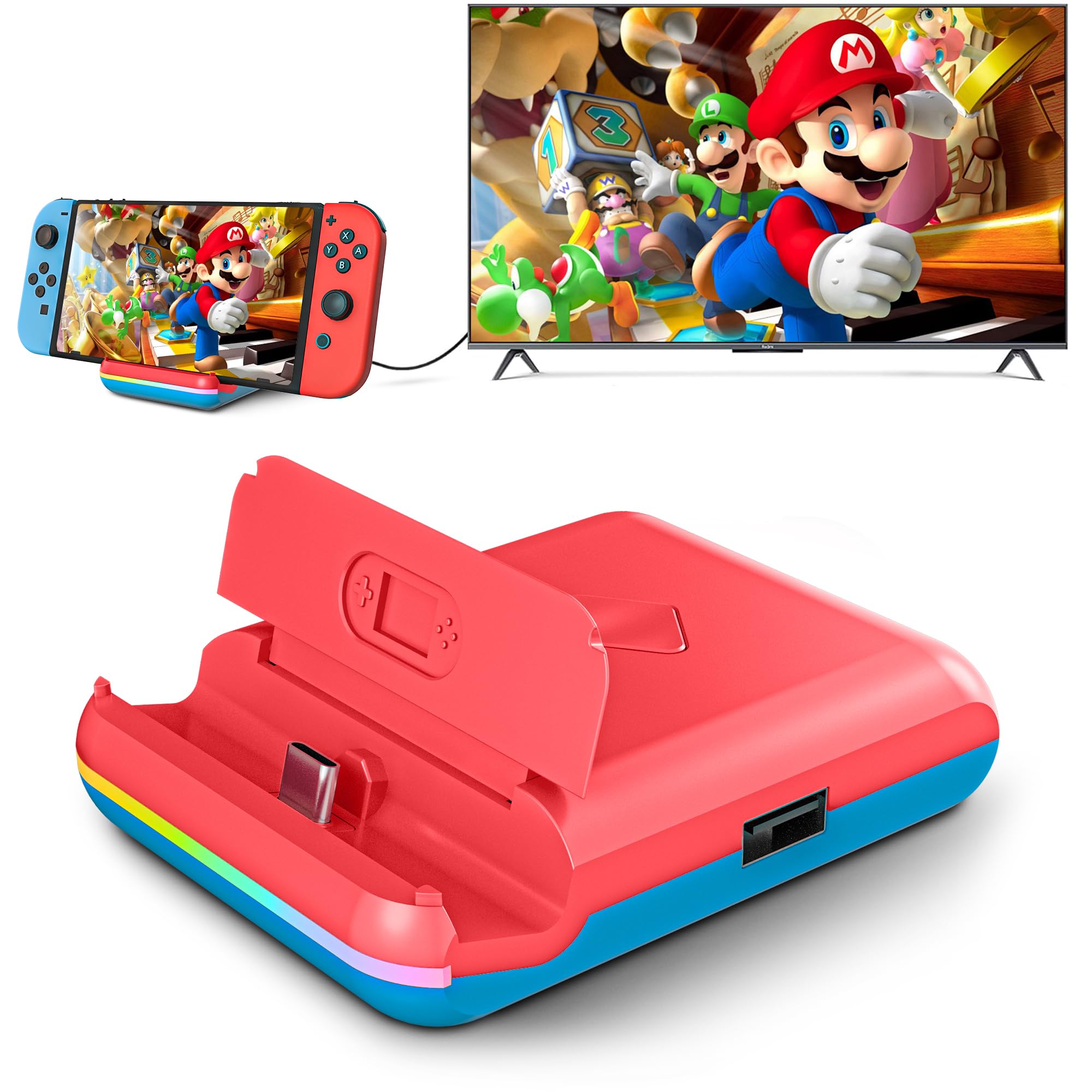 Nintendo Switch & Switch OLED TV Docking Station - 4K/1080P HDMI Adapter with Fast Charging, USB 3.0 & USB-C Ports - Foldable Design (Red/Blue) - Perfect for Home Gaming & Travel Entertainment