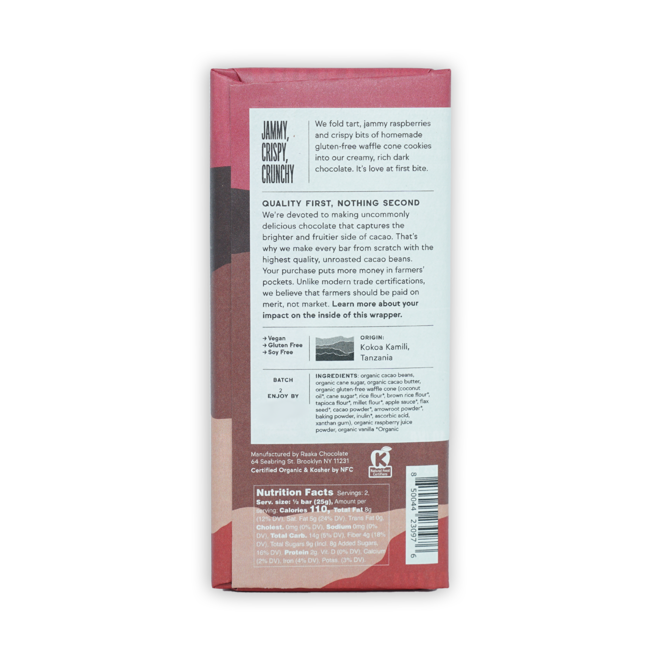 Raaka Raspberry Dark Chocolate Waffle Crunch Bar 59% Cacao - Vegan, Organic, Fair Trade - Perfect for Gifts, Desserts & Healthy Snacking