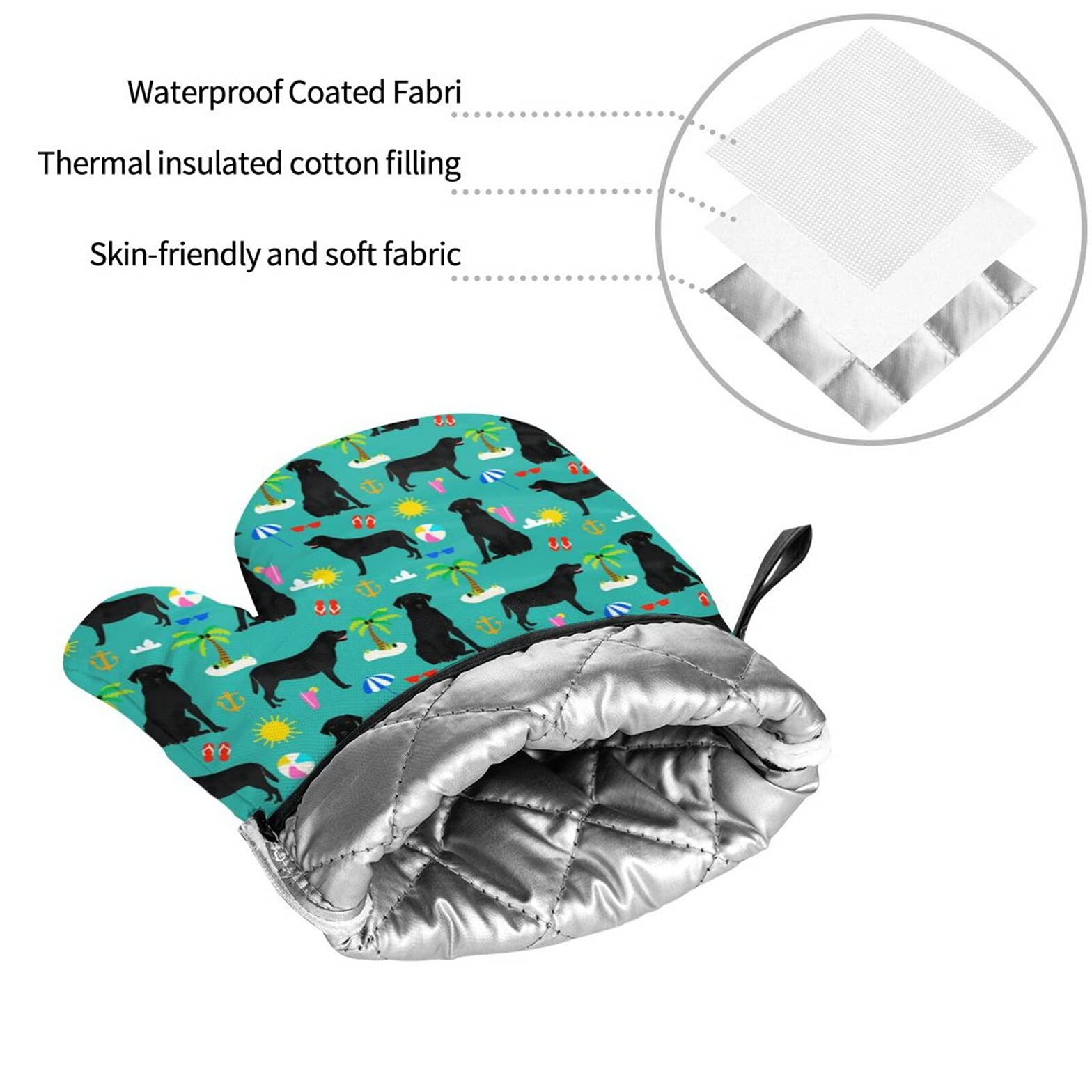 Black Labrador Retriever Themed Heat Resistant Oven Mitts & Pot Holders Set of 4 - Summer Beach Dog Breed Kitchen Accessories for Baking, Cooking & Grilling - Perfect for Dog Lovers & Beach-Themed Kitchens