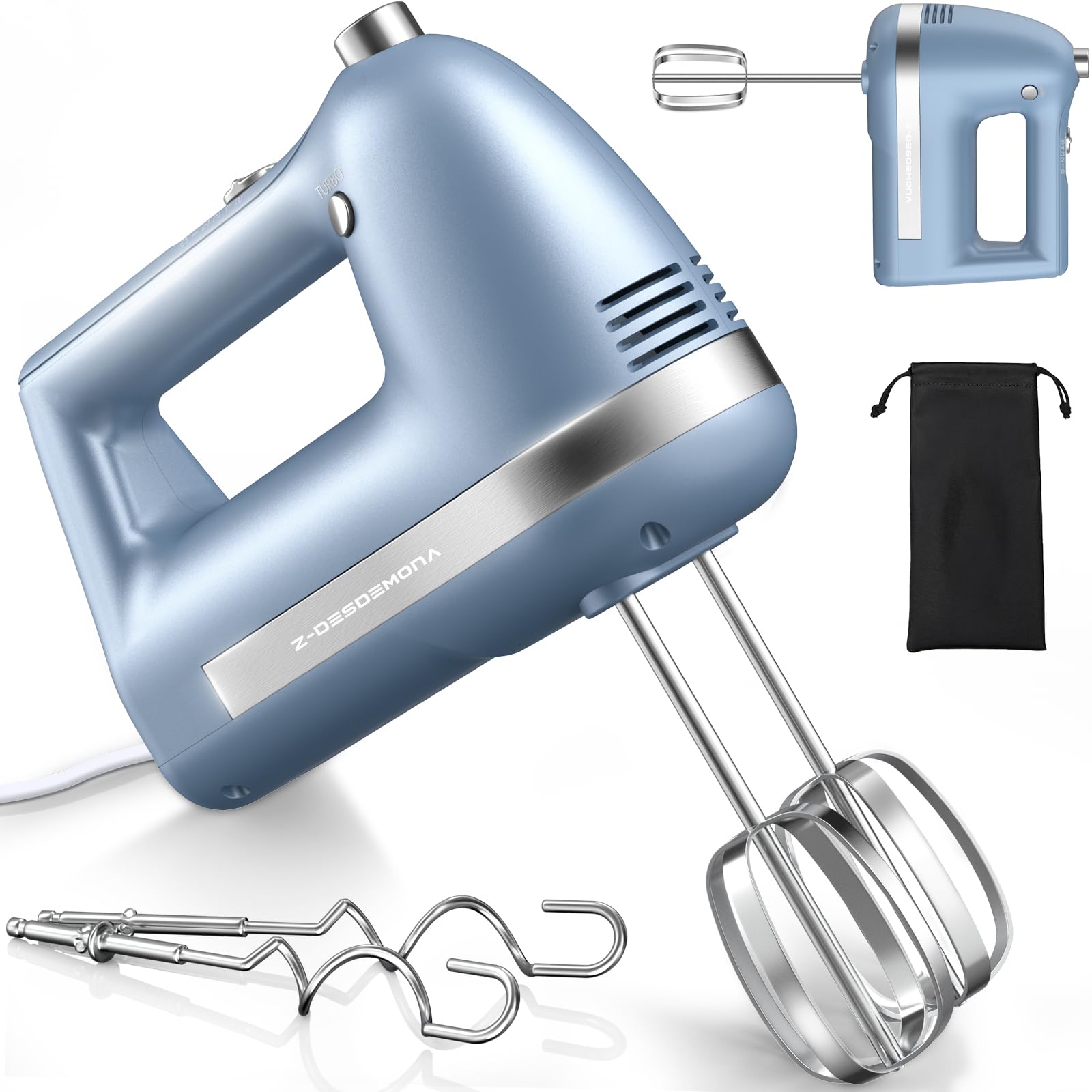 300W Electric Hand Mixer - Powerful Handheld Mixer with 304 Stainless Steel Beaters & Dough Hook - Turbo Function for Baking Cakes, Whipping Eggs & Cream - Perfect for Home Kitchen, Bakeries & Cooking Enthusiasts (Blue)