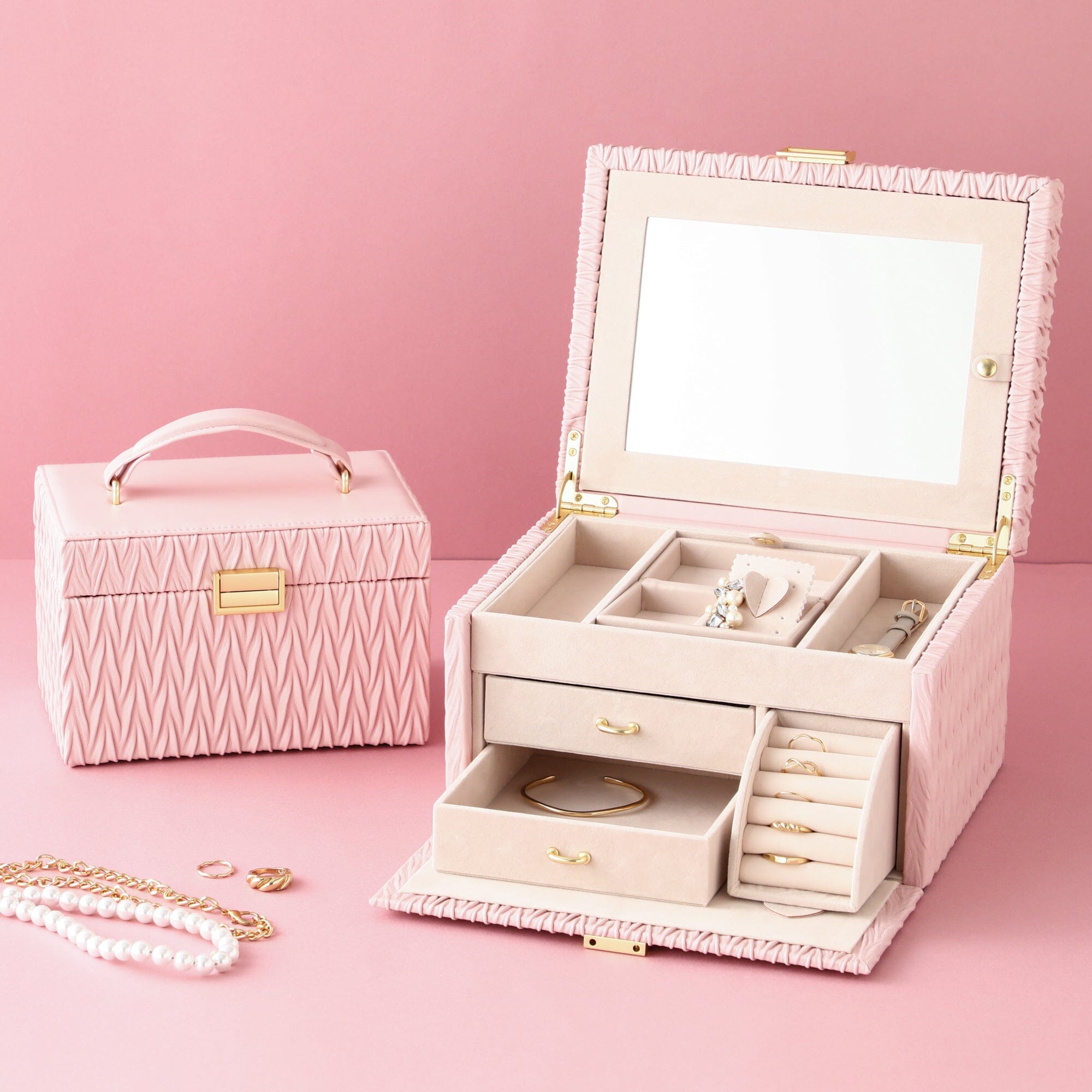 Luxury Pink Embossed Jewelry Box with Mirror - Large Storage Organizer for Necklaces, Rings & Earrings - Perfect for Gift Giving & Home Decor
