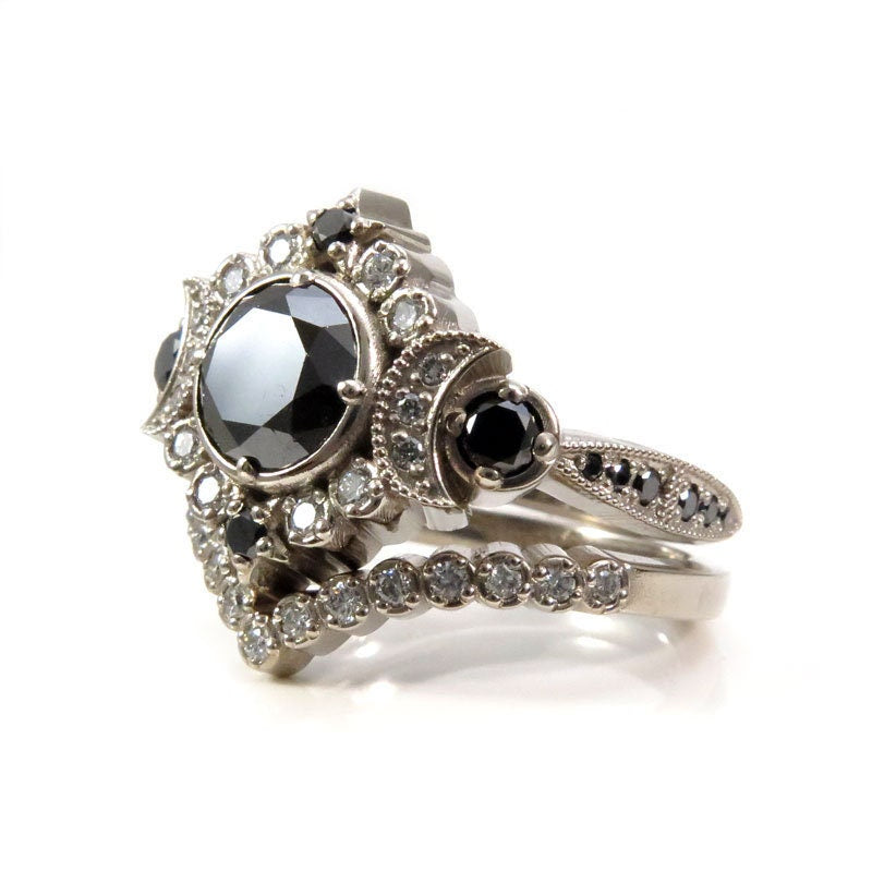 Black & White Diamond Selene Gothic Moon Engagement Ring Set - 14k Rose, Yellow or White Gold - Celestial Bohemian Wedding Ring for Women - Perfect for Gothic, Boho & Alternative Brides