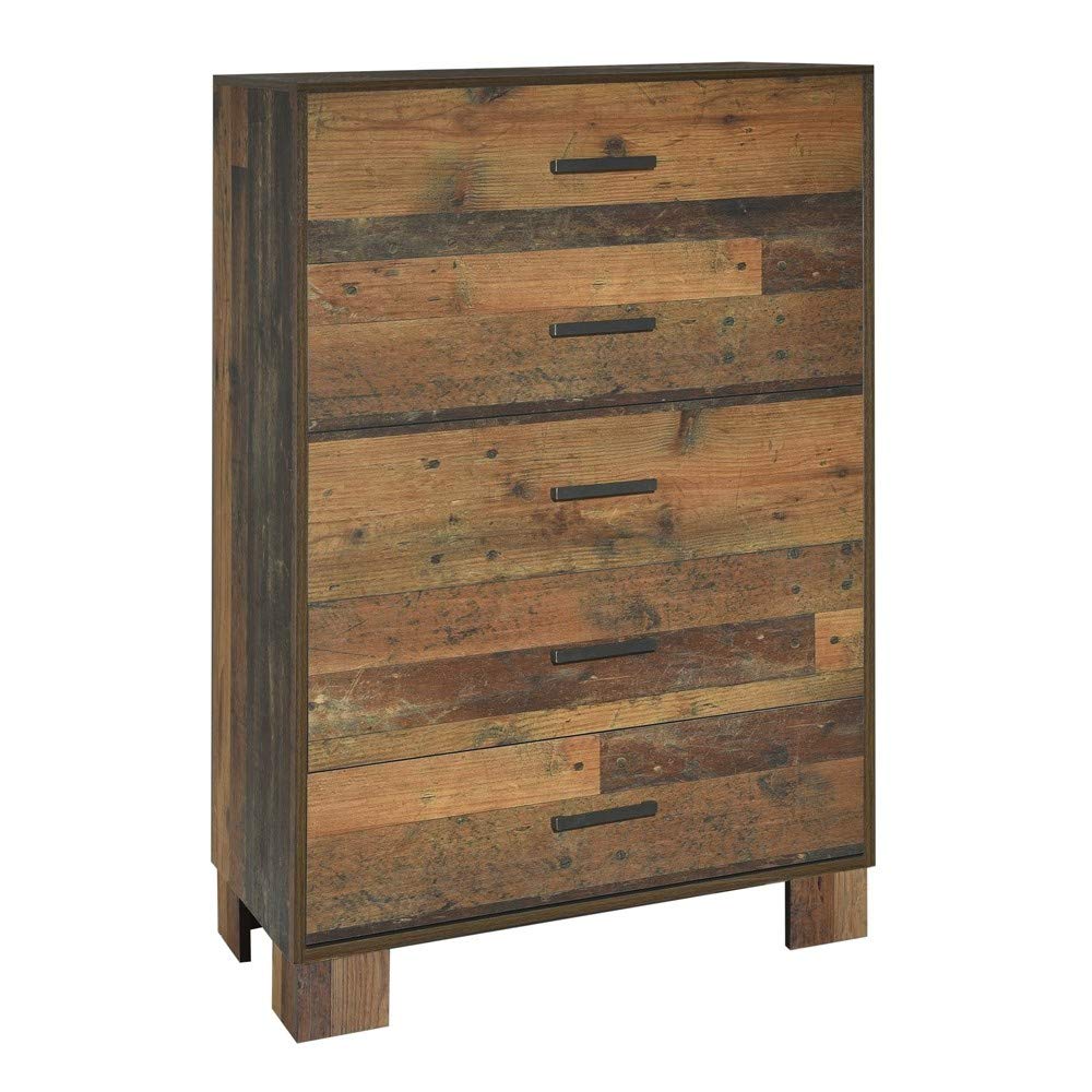 Benjara 5-Drawer Rustic Wooden Chest with Decorative Nailhead Trim & Natural Wood Grain - Brown Vintage Storage Cabinet for Bedroom, Living Room, or Entryway