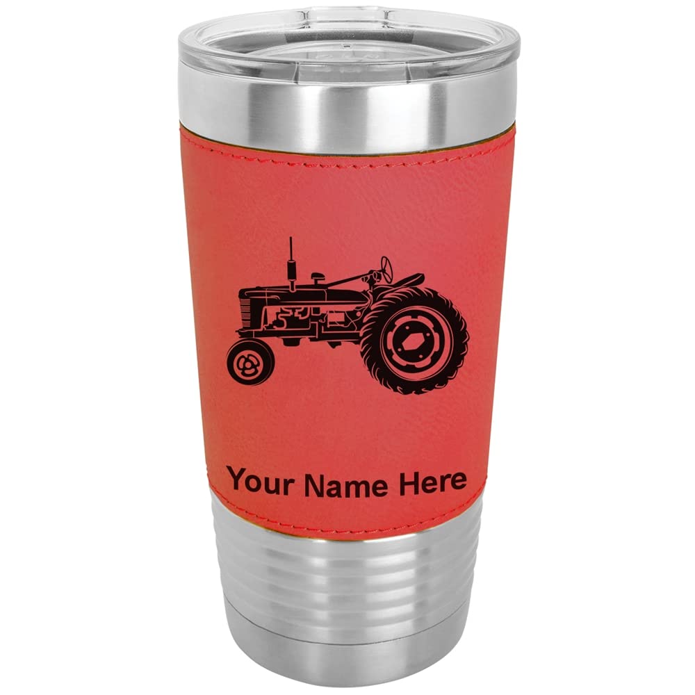 LaserGram 20oz Vacuum Insulated Stainless Steel Tumbler Mug with Personalized Engraving - Old Farm Tractor Design, Faux Leather Handle, Red - Perfect for Coffee, Tea & Cold Drinks at Home, Office or Outdoor Activities