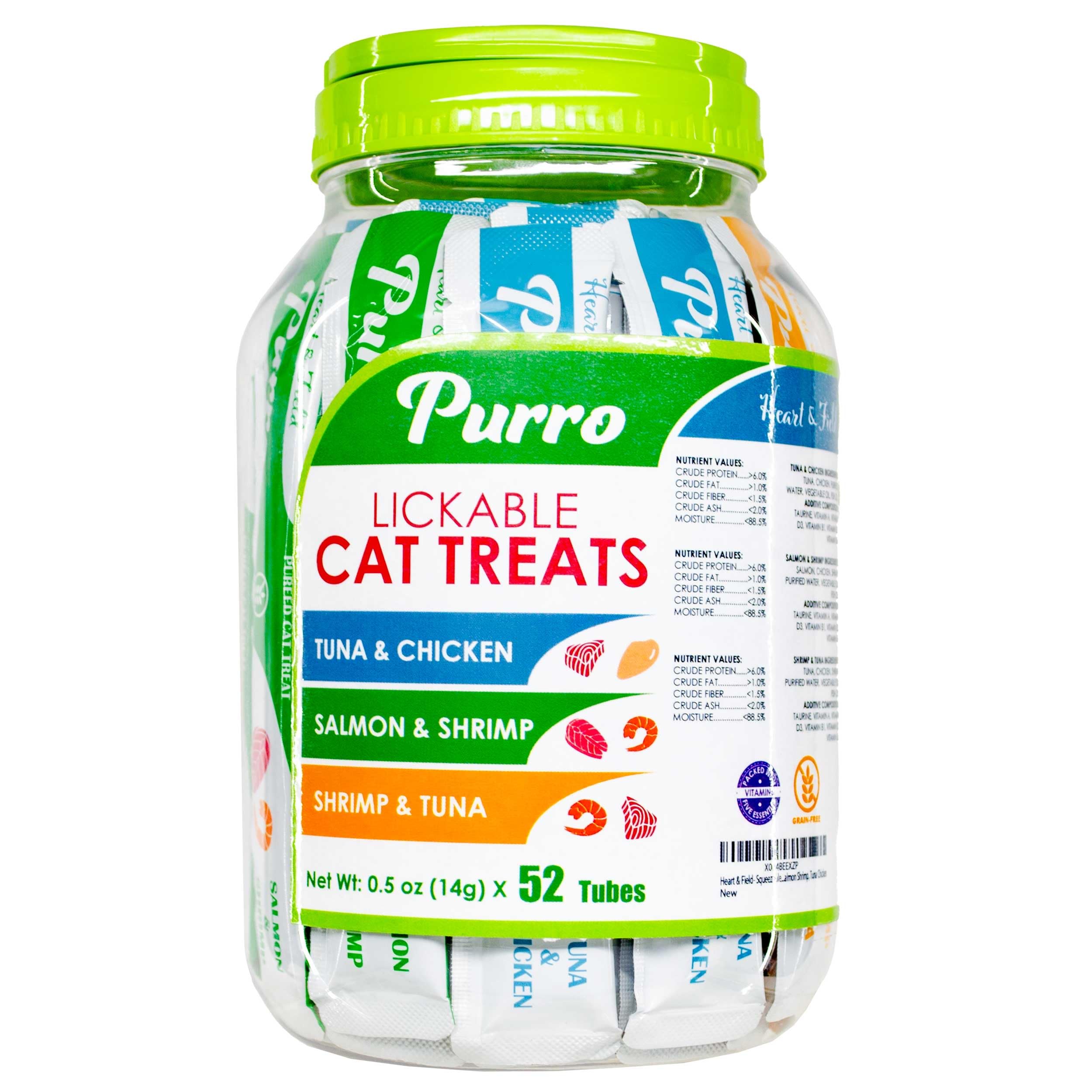 Heart & Field Squeezable Lickable Cat Treats Variety Pack - Tuna Shrimp, Salmon Shrimp, Tuna Chicken Flavors (52 Count) | Irresistible Wet Treats for Cats | Perfect for Training, Bonding & Picky Eaters