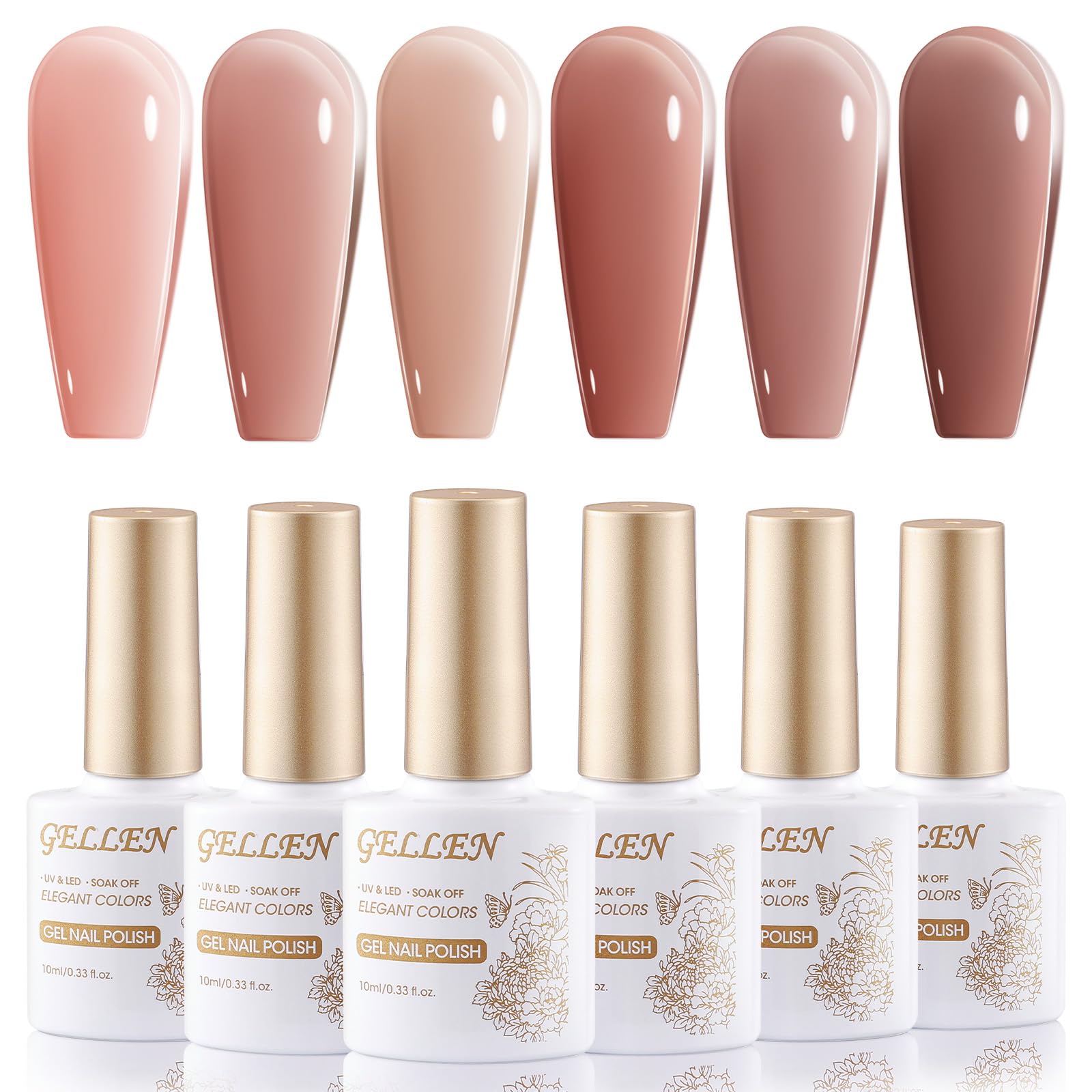 Gellen Jelly Gel Nail Polish Set - 6 Transparent Amber Brown Colors UV LED Soak Off Gel Polish for Salon & DIY at Home (Colors 744-754) | Perfect for Manicures, Pedicures & Nail Art Designs