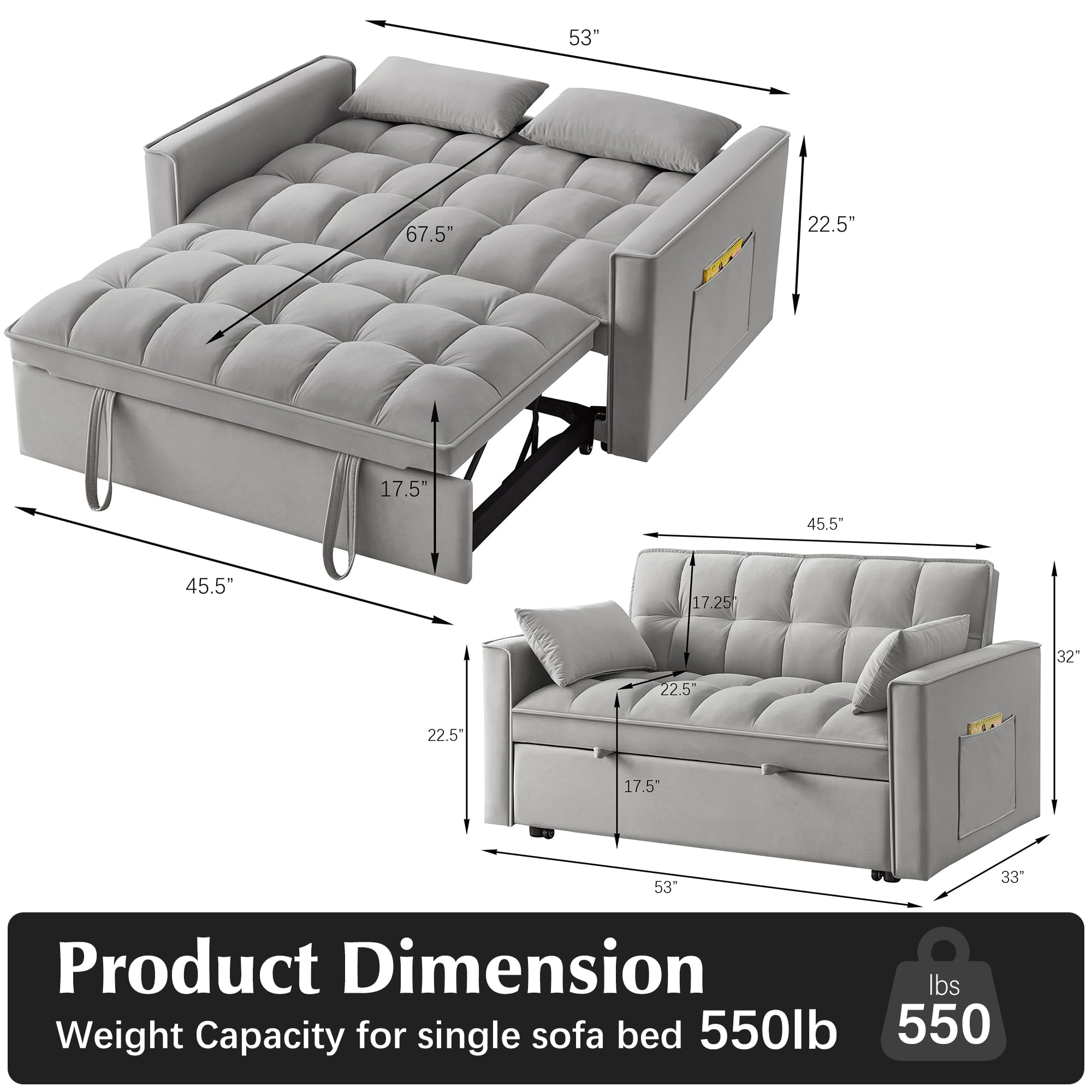 3 in 1 Convertible Velvet Sleeper Sofa Bed with Storage Pockets & 2 Pillows - Modern Foldable Couch for Small Spaces, Living Room, Apartment, Bedroom & Office - Perfect for Guests, Lounging & Space Saving (Gray)