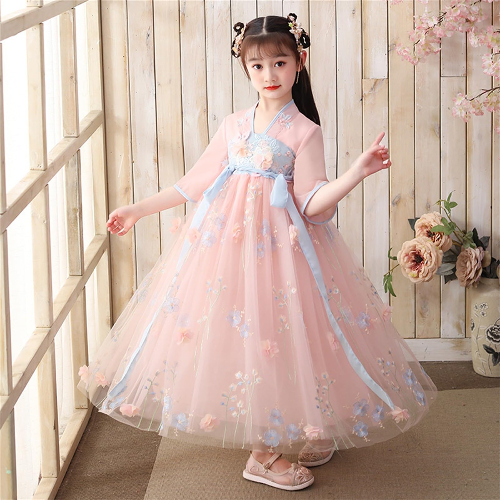 **Toddler Girls Spring Chinese Baby Dress - Long Sleeve Cymbidium Printed Saree Chiffon Hanfu Fairy Dress for Kids - Perfect for Parties, Festivals & Photo Shoots**