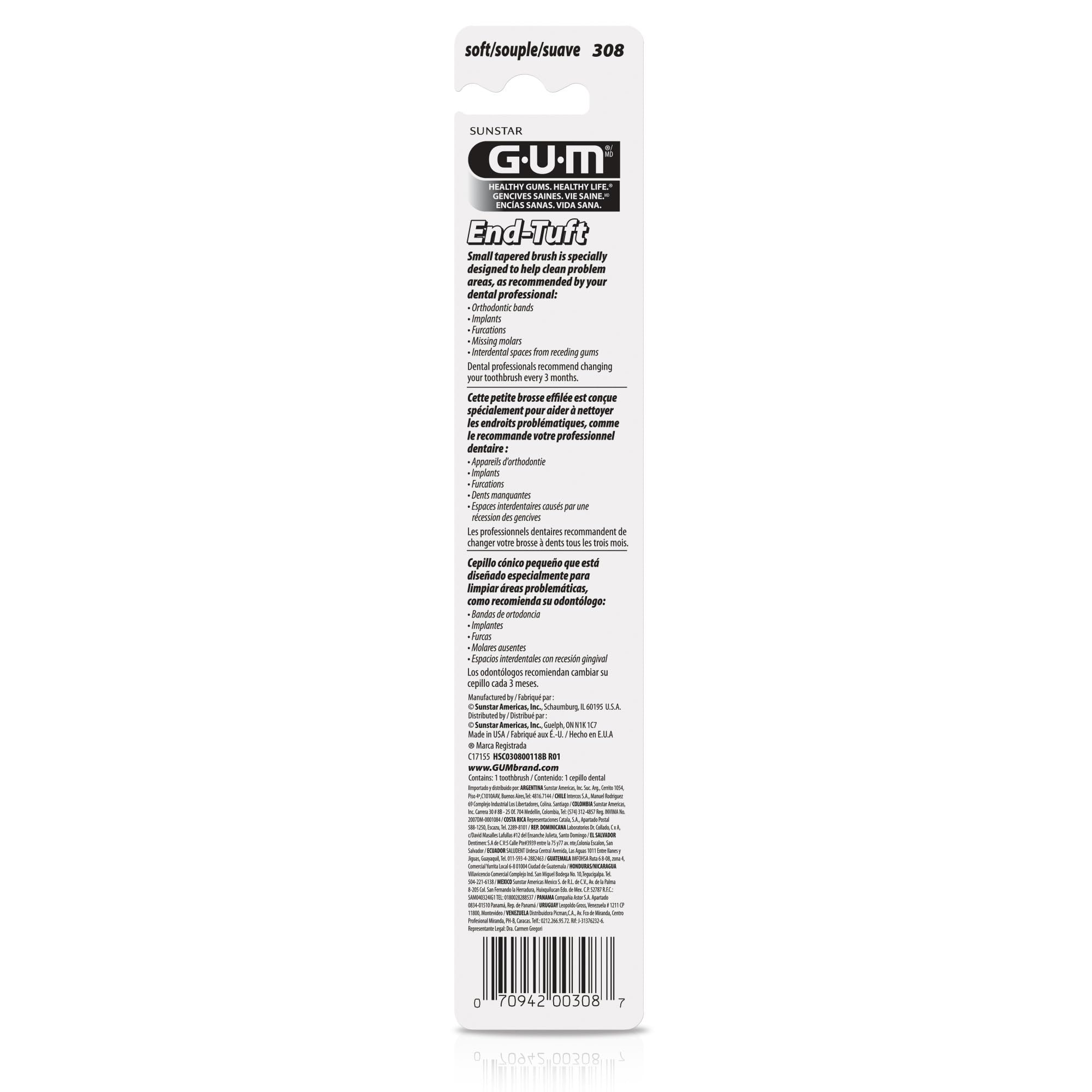 GUM End Tuft Toothbrush - Extra Small Soft Bristle Toothbrush for Hard-to-Reach Areas, Implants, Back Teeth & Wisdom Teeth - Gentle Dental Care for Adults - Pack of 6 - Perfect for Travel, Daily Oral Hygiene & Post-Dental Surgery Care