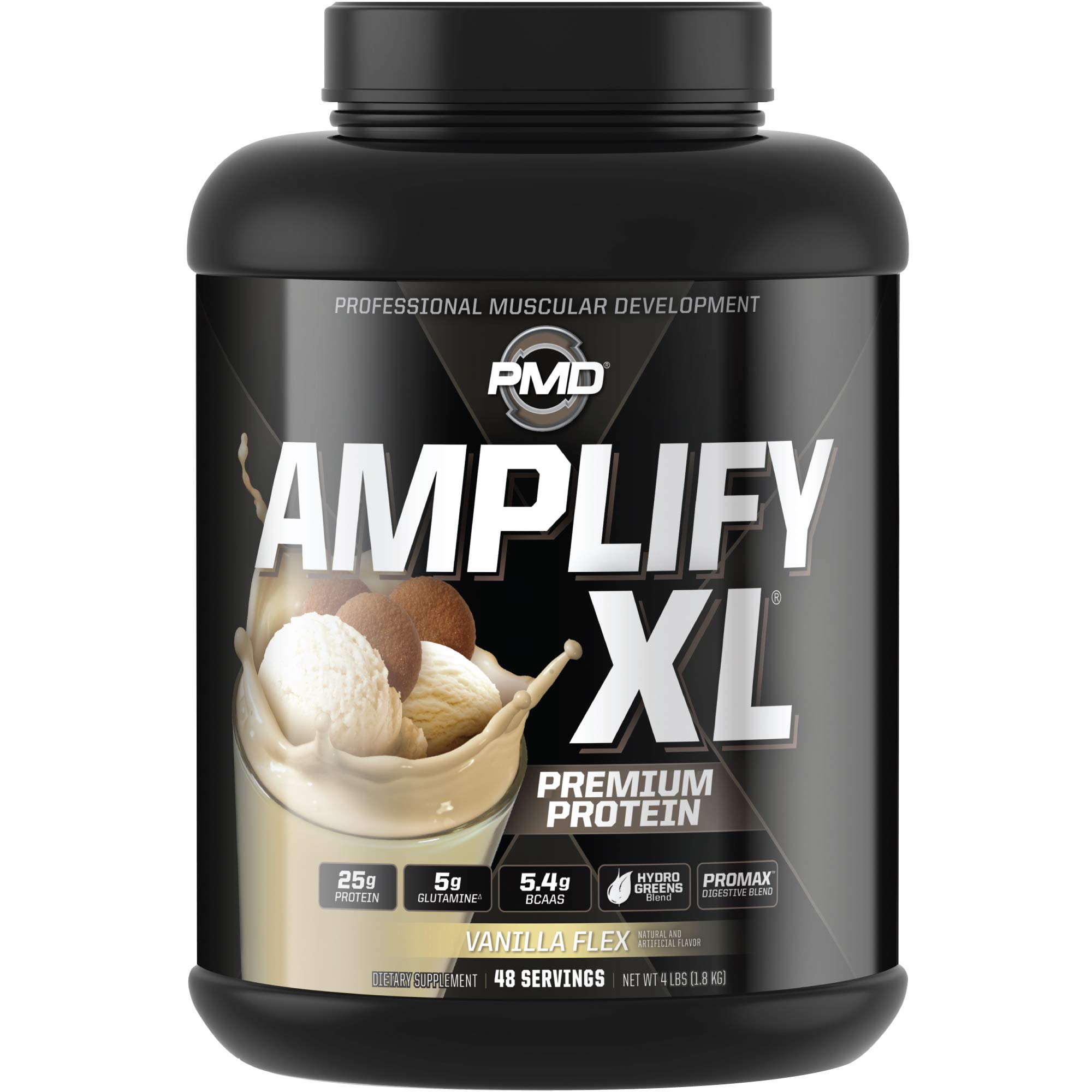 PMD Sports Amplify XL Premium Whey Protein Powder with Hydro Greens Blend - Glutamine & Superfood Matrix for Muscle Growth, Strength & Recovery - Vanilla Flex Flavor (48 Servings) - Ideal for Post-Workout, Meal Replacement & Fitness Enthusiasts