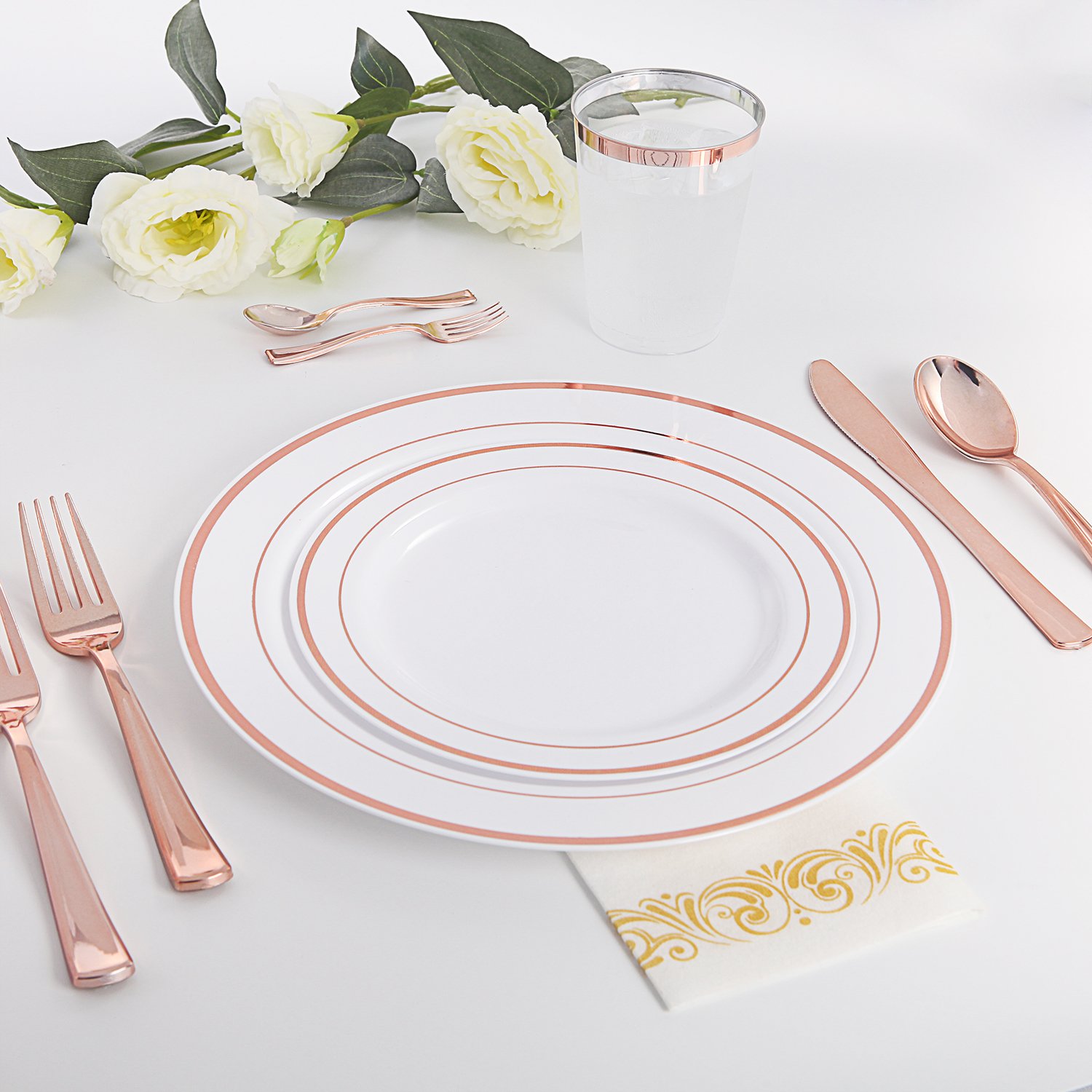 300-Piece Rose Gold Plastic Cutlery Set & 100-Piece Rose Gold Plastic Plates - Elegant Disposable Tableware for Weddings, Parties, and Special Events
