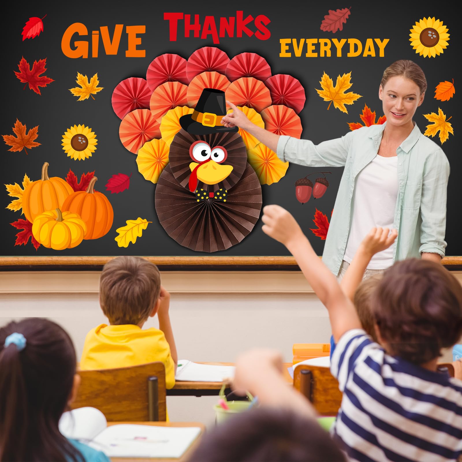 Pasimy 47 Pcs Fall Thanksgiving Bulletin Board Decorations Set - Paper Cutouts, Turkey Cutouts, Maple Leaves & Fans for Classroom, School, Church - Autumn Harvest Party, Thanksgiving Decor, Bulletin Board Displays