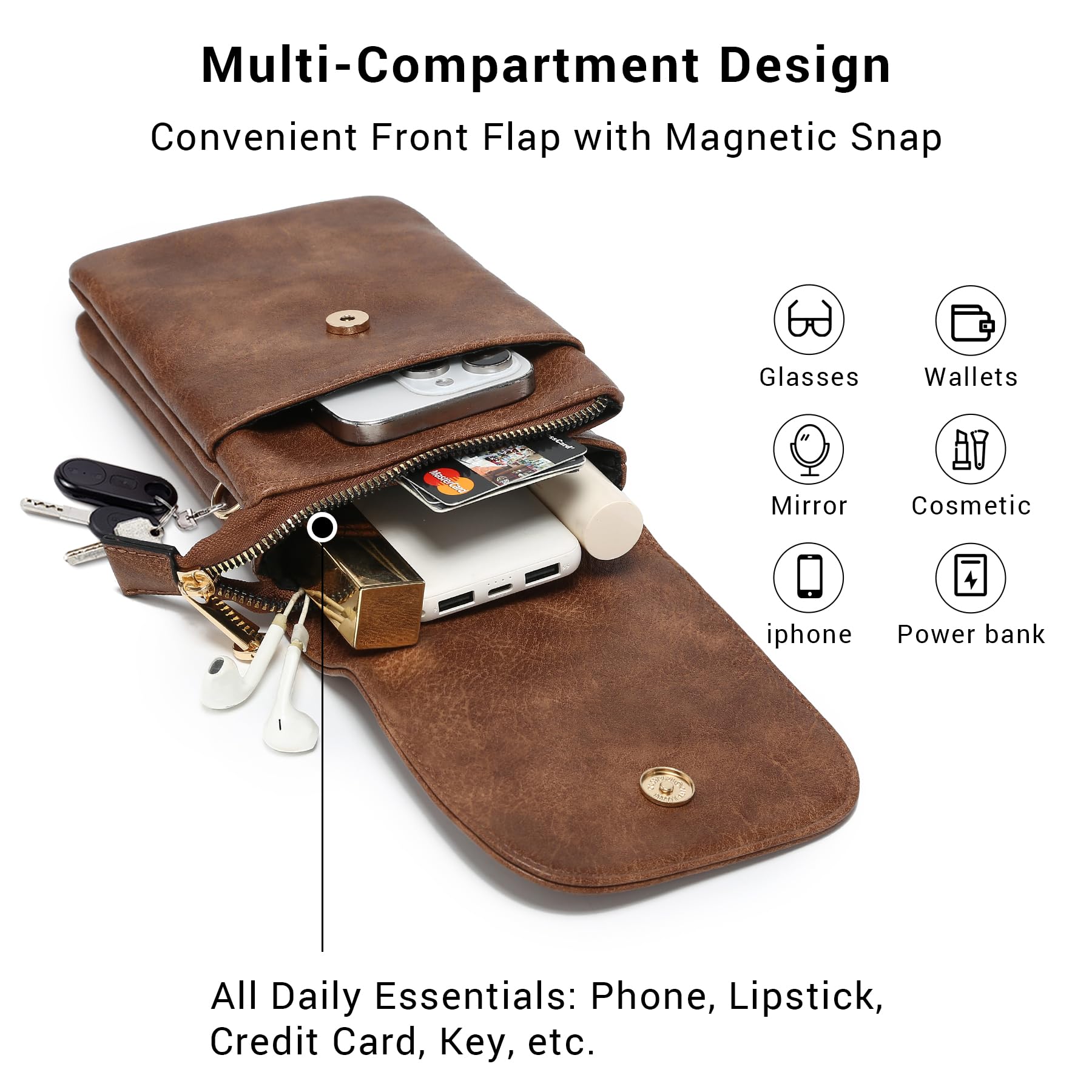 VONMAY Vegan Leather Small Crossbody Bag for Women - 3 Compartment Phone Wallet Purse with Adjustable Strap | Perfect for Everyday Use, Travel & Shopping