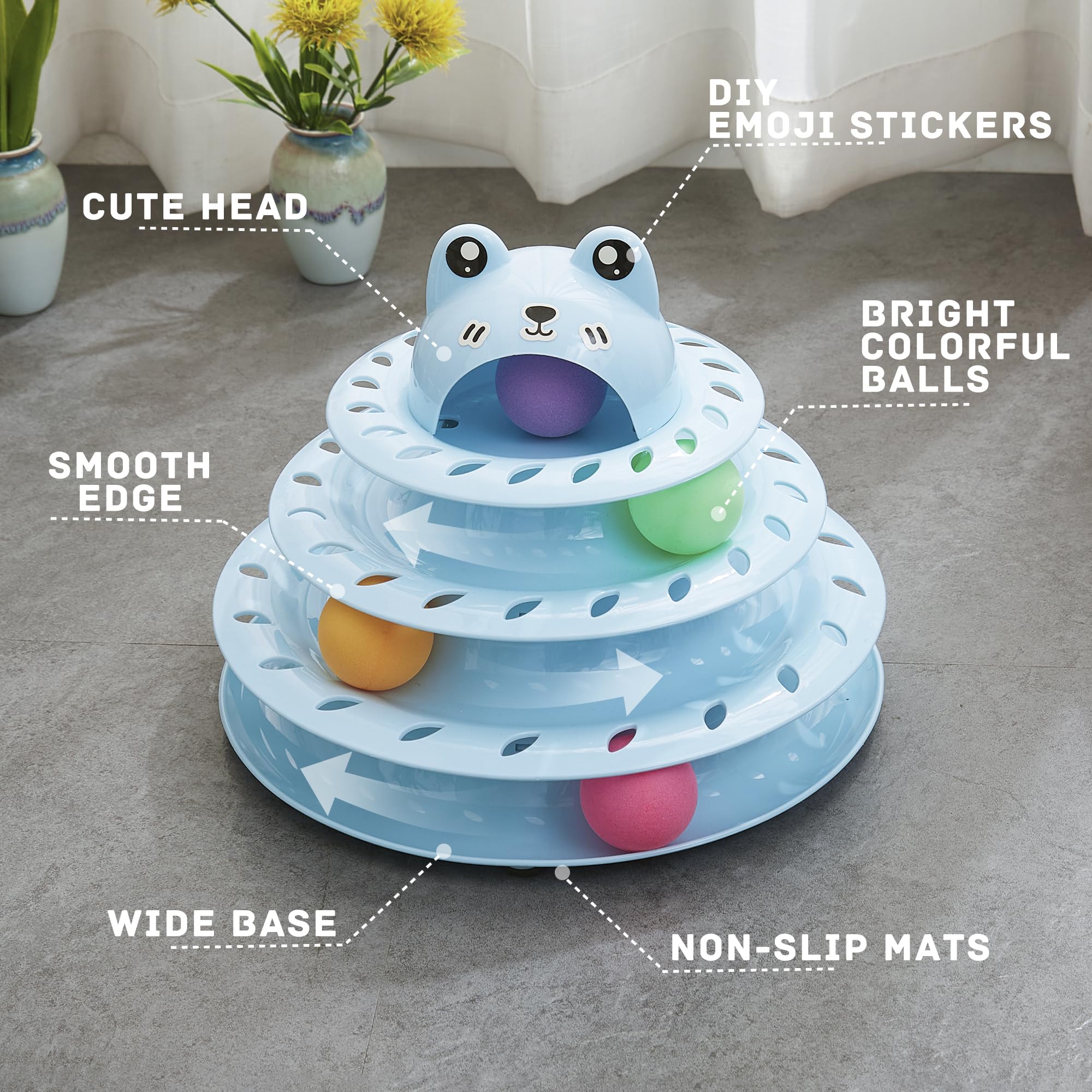 **Gefryco 4-Tier Interactive Cat Toy Ball Track & Turntable Tower - Multi-Level Puzzle Exercise Toy with Colorful Chase Balls for Indoor Cats (Blue) - Fun Playtime & Mental Stimulation for Kittens**