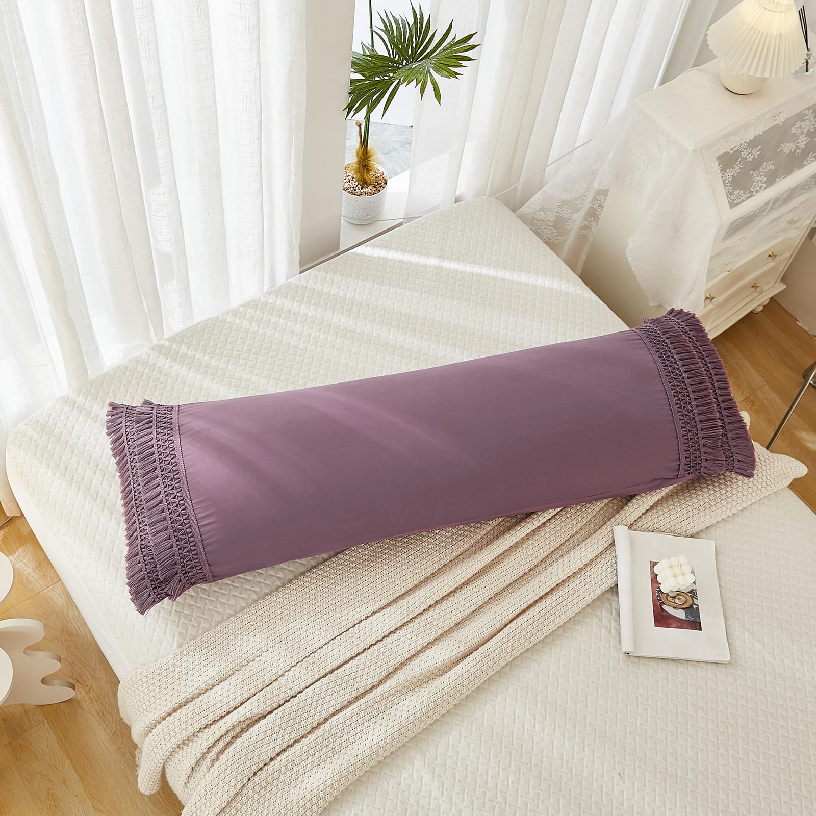 Grayish Purple Body Pillow Cover 20x54 Inches with Tassel & Pocket Closure - Boho Style Decorative Pillowcase for Bedroom, Living Room, or Dorm