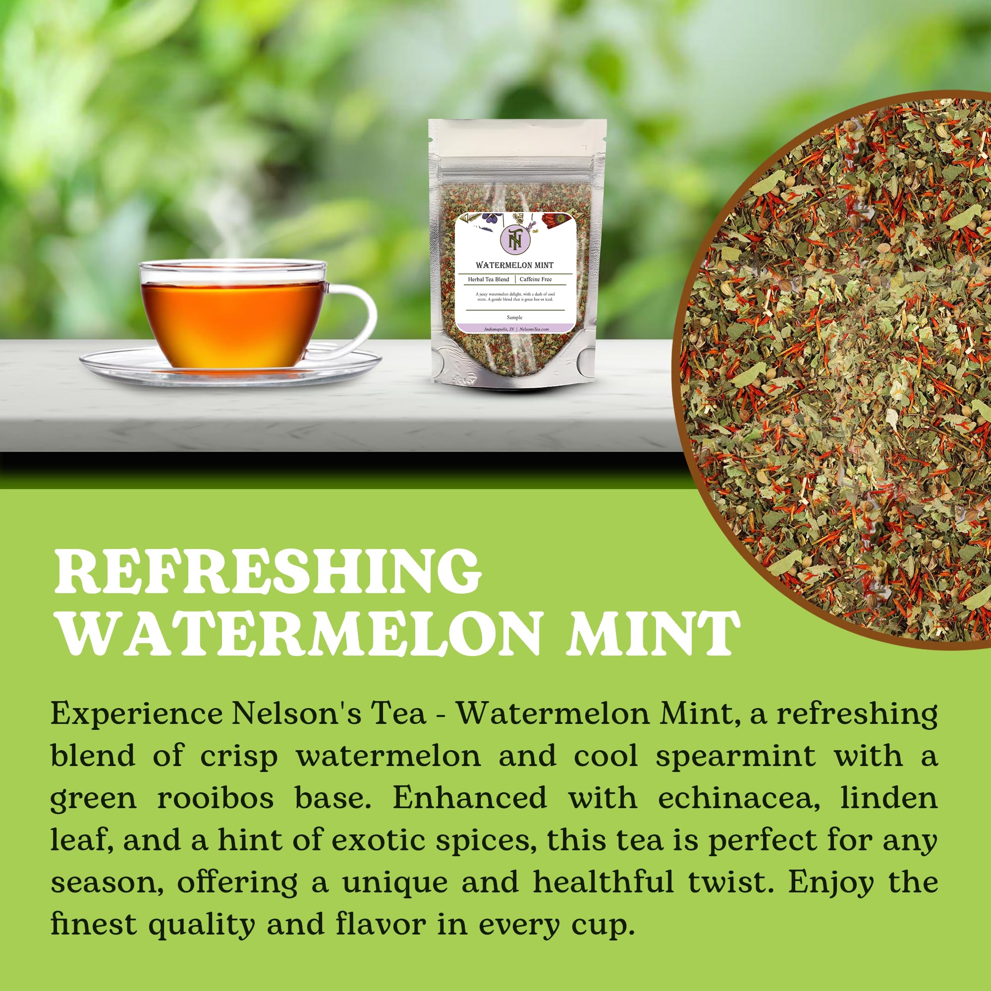 Nelson's Tea Watermelon Mint Loose Leaf Tea - Organic Green Rooibos with Spearmint, Echinacea & Herbal Blend | Caffeine-Free, Antioxidant-Rich | Perfect for Relaxation, Afternoon Tea & Wellness Routines